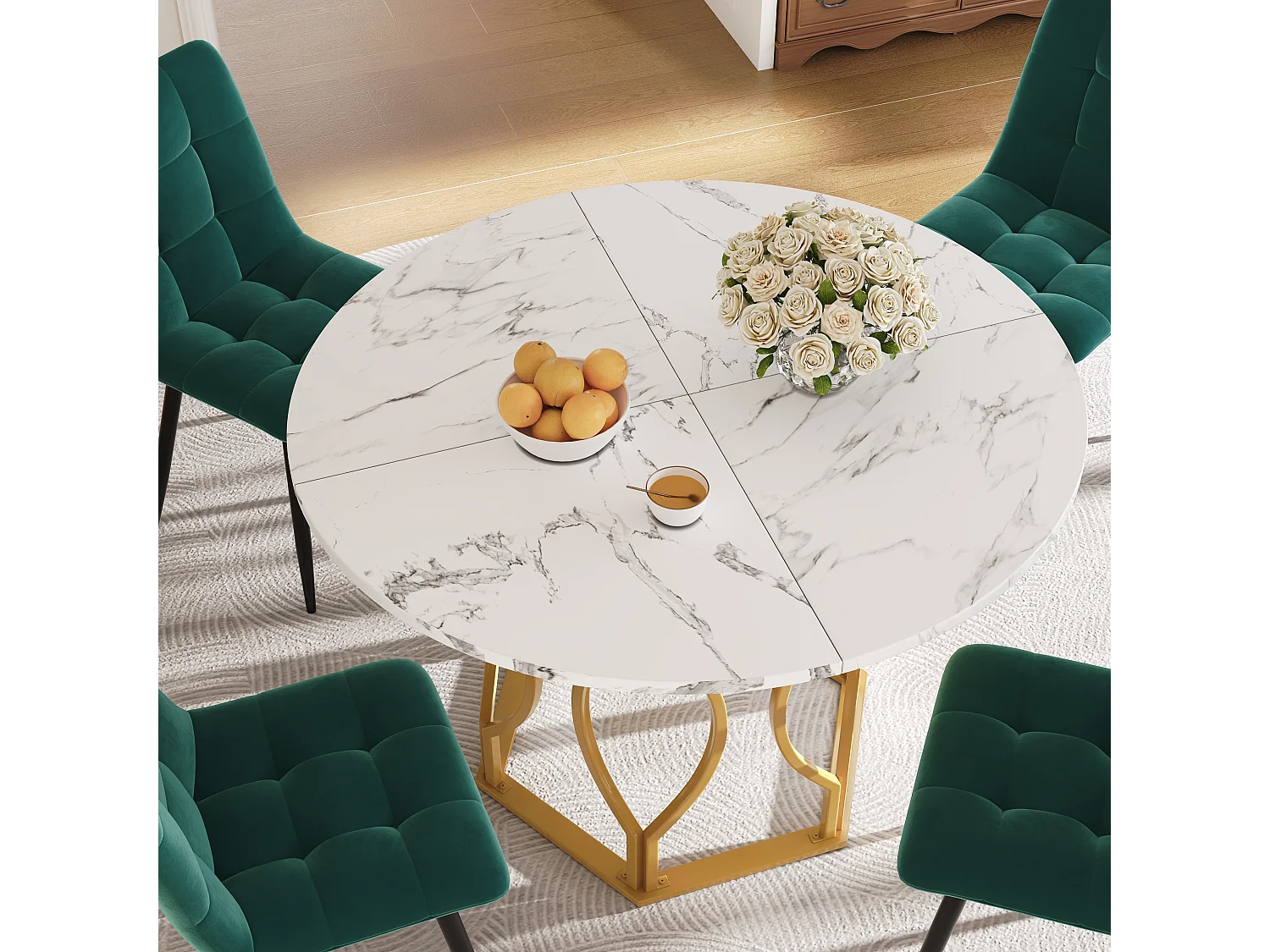 Lot de 5 table à manger et chaises - 100 x 100 x 76 cm -  table plateau en MDF + 4 chaises en velours - MDF + Métal - vert