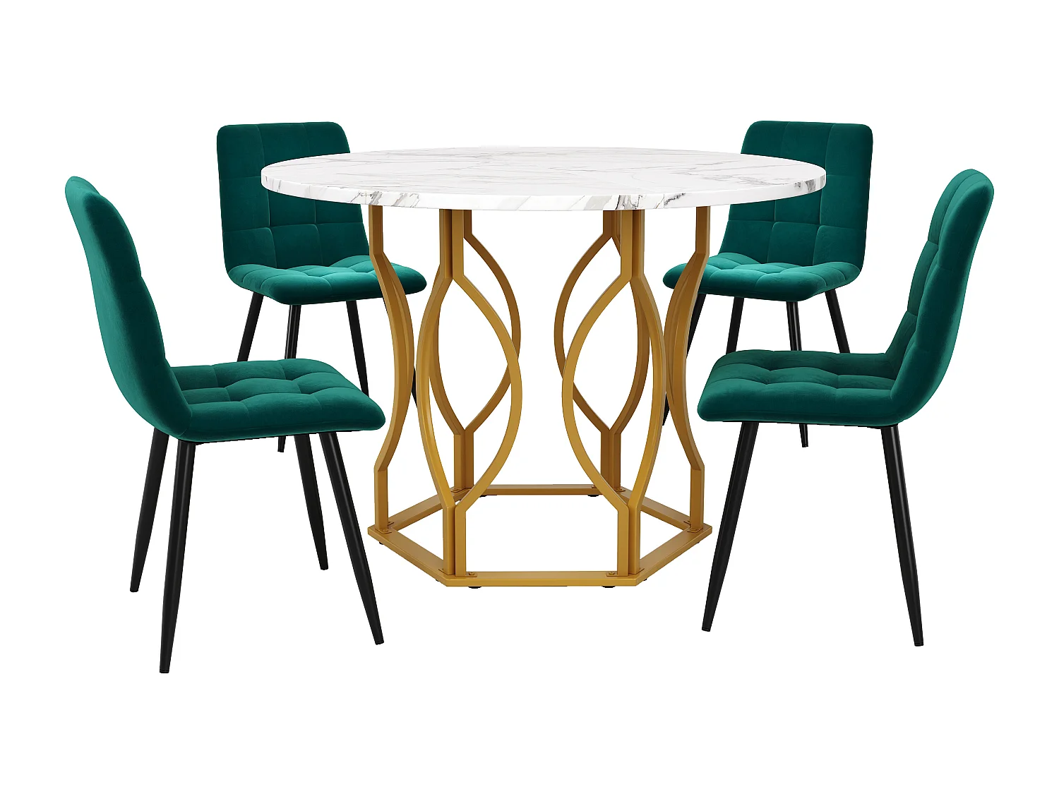 Lot de 5 table à manger et chaises - 100 x 100 x 76 cm -  table plateau en MDF + 4 chaises en velours - MDF + Métal - vert