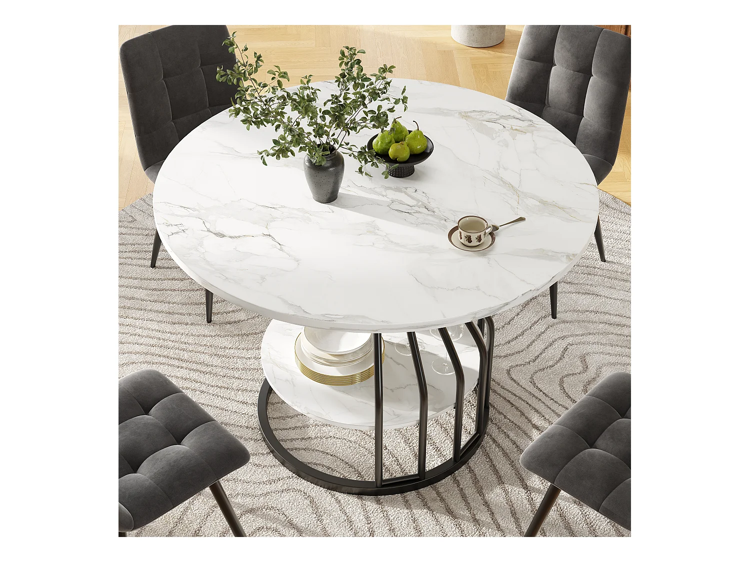 Esstisch für 4 Personen – 80 x 80 x 76 cm – kleine runde Platte in der Mitte zur Aufbewahrung – MDF – weiß + schwarz