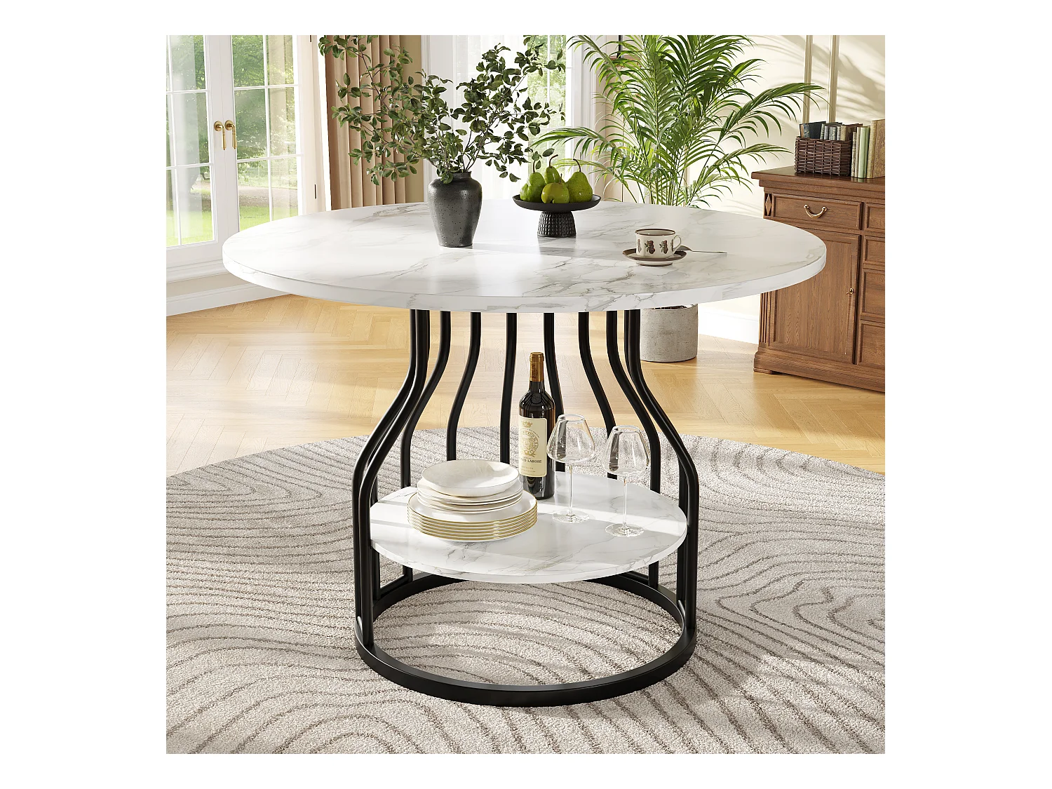 Eettafel voor 4 personen - 80 x 80 x 76 cm - klein rond blad in het midden voor opbergruimte - MDF - wit + zwart