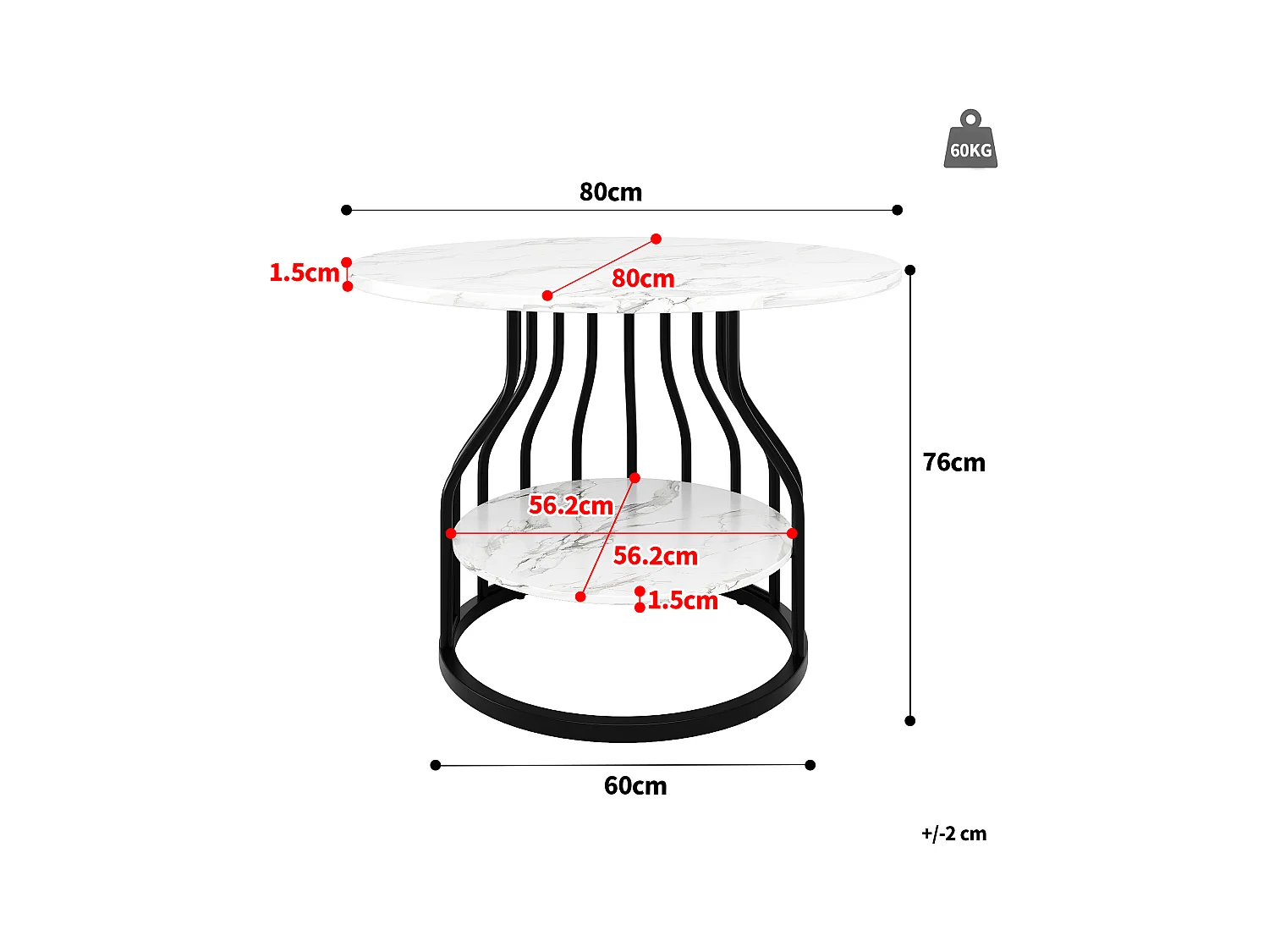 Table à manger 4 palces - 80 x 80 x 76cm - petit plateau rond au milieu pour le rangement - MDF - blanc + noir