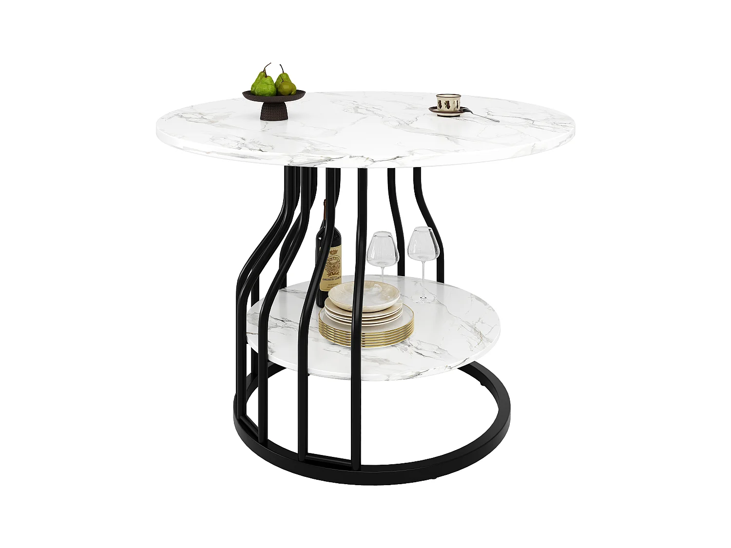 Table à manger 4 palces - 80 x 80 x 76cm - petit plateau rond au milieu pour le rangement - MDF - blanc + noir