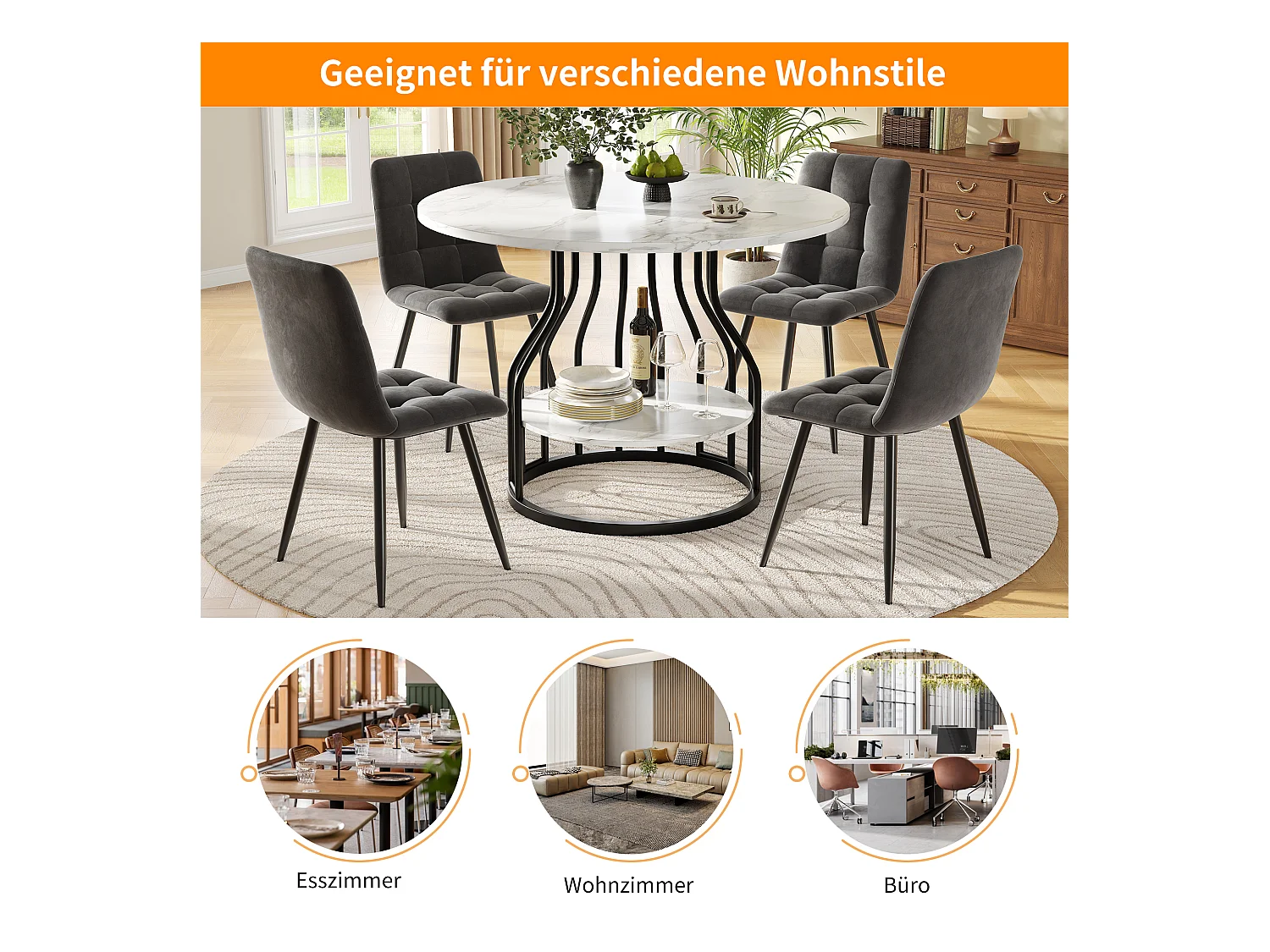 Table à manger 4 palces - 80 x 80 x 76cm - petit plateau rond au milieu pour le rangement - MDF - blanc + noir