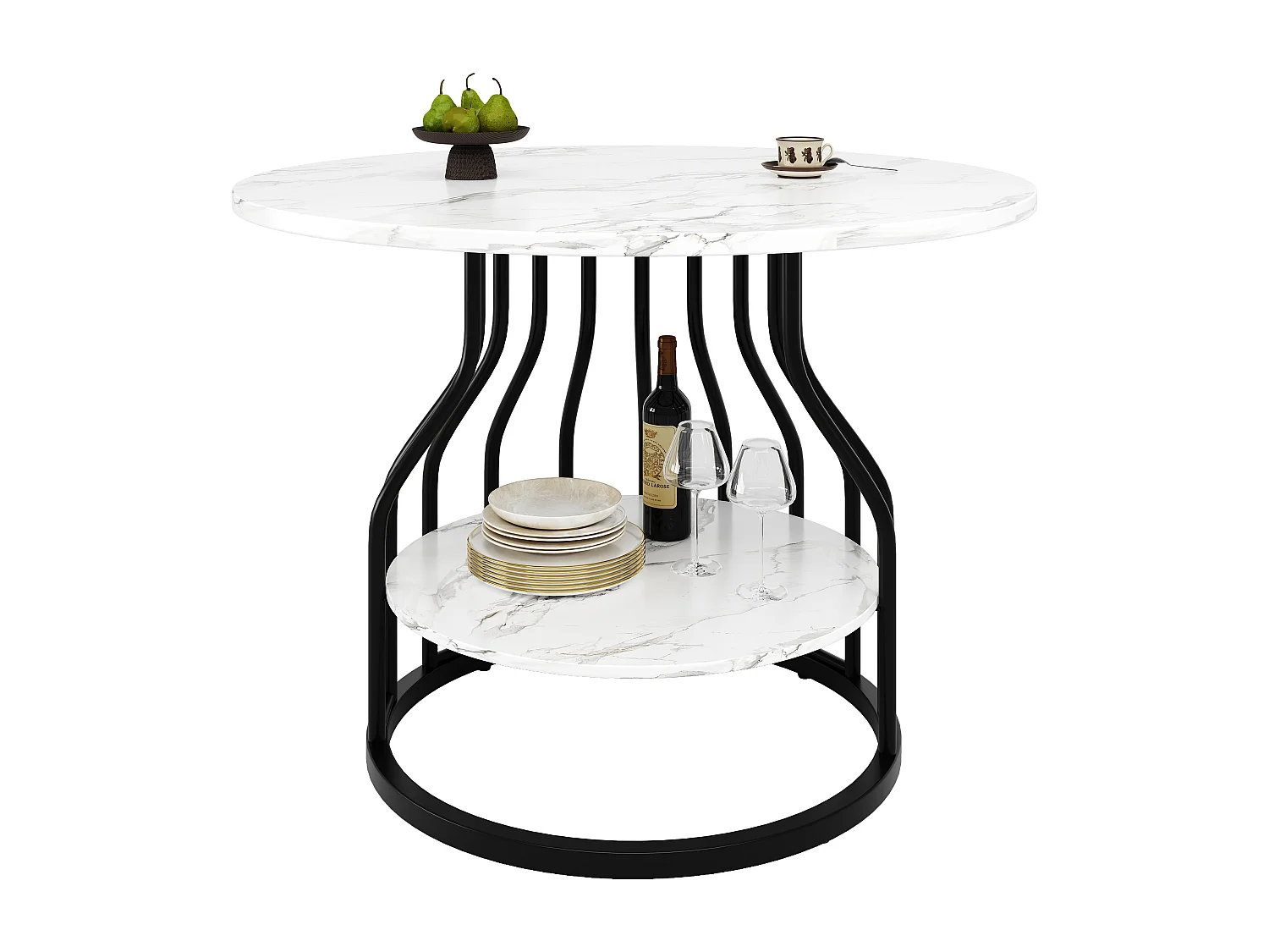 Table à manger 4 palces - 80 x 80 x 76cm - petit plateau rond au milieu pour le rangement - MDF - blanc + noir