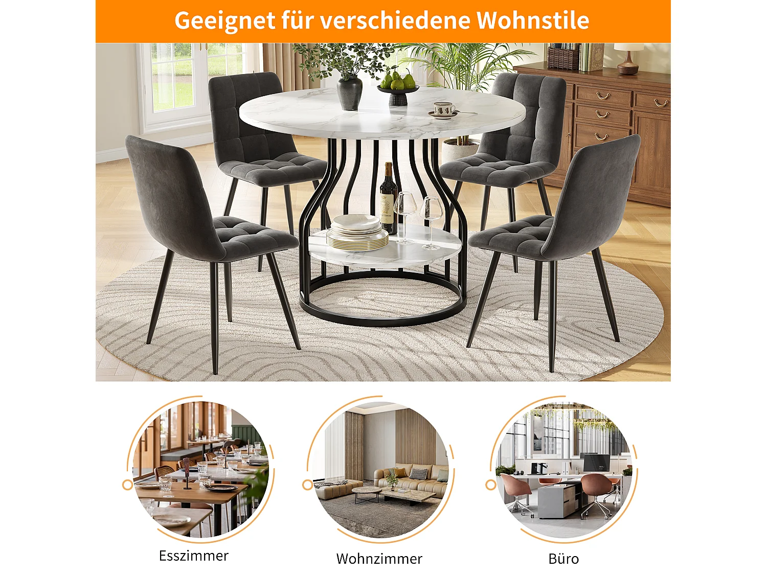 Table à manger 4 palces - 80 x 80 x 76cm - petit plateau rond au milieu pour le rangement - MDF - blanc + noir