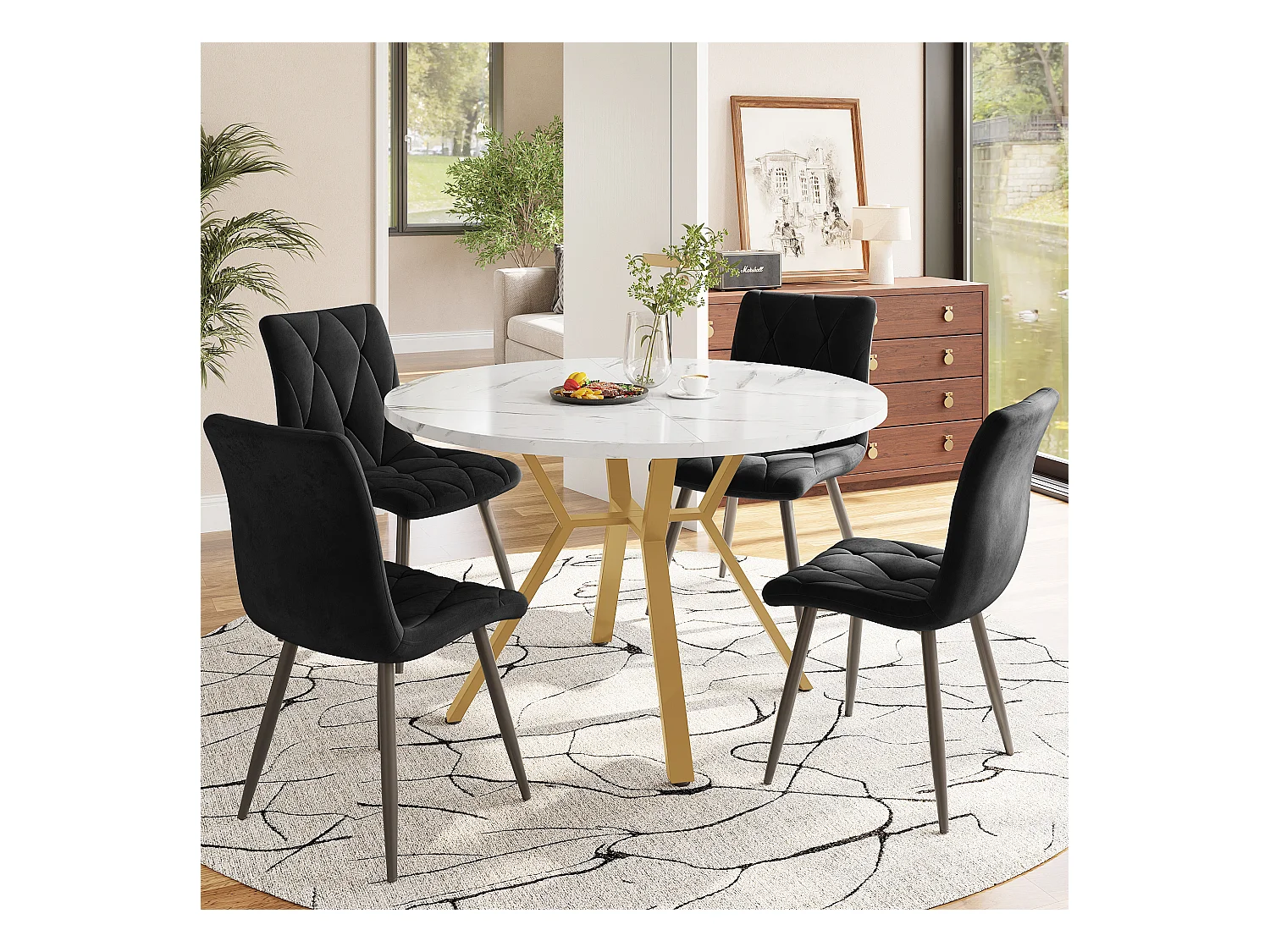 Lot de 5 table à manger et chaises - 100 x 100 x 75 cm - table ronde + 4 chaises en velours - MDF + Acier - noire + blanc