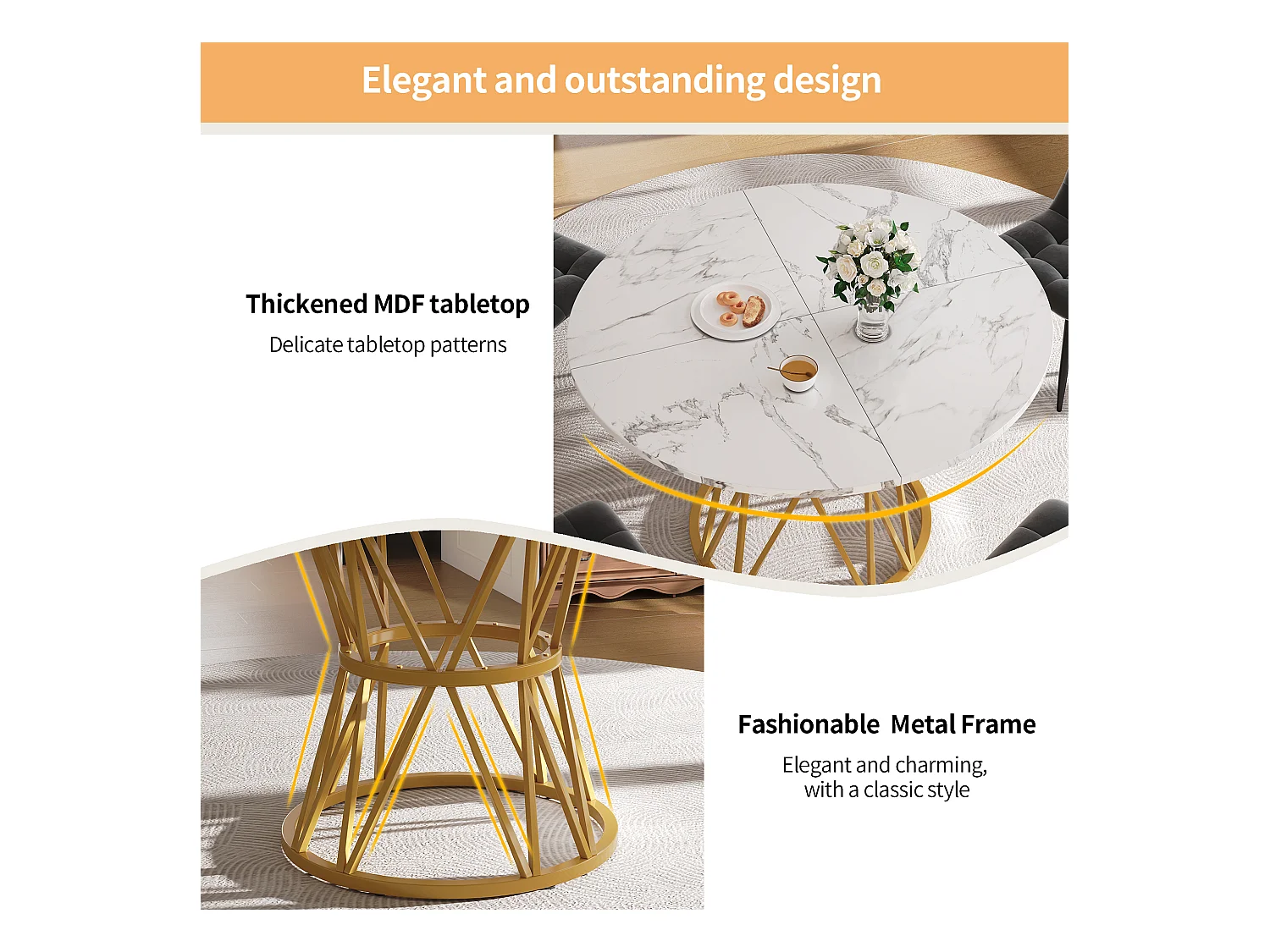 Table à manger 4 places - 100 x 100 x 76 cm - table ronde pieds en métal -  plateau en MDF marbré  - MDF + Métal - blanc