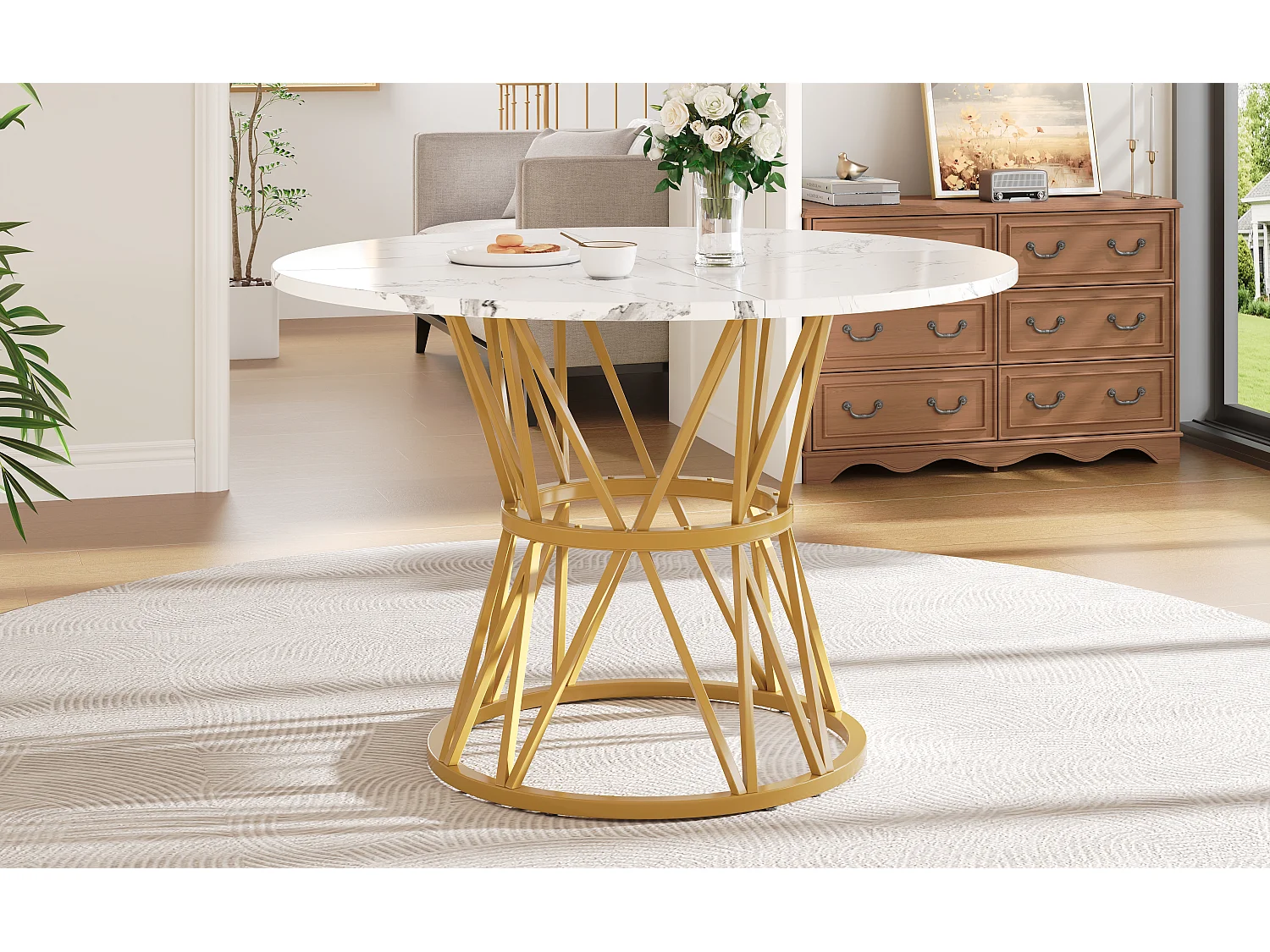 Table à manger 4 places - 100 x 100 x 76 cm - table ronde pieds en métal -  plateau en MDF marbré  - MDF + Métal - blanc