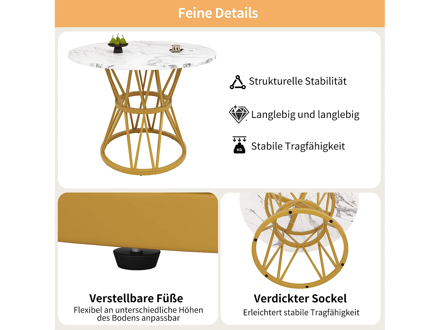 Table à manger 4 places - 100 x 100 x 76 cm - table ronde pieds en métal -  plateau en MDF marbré  - MDF + Métal - blanc
