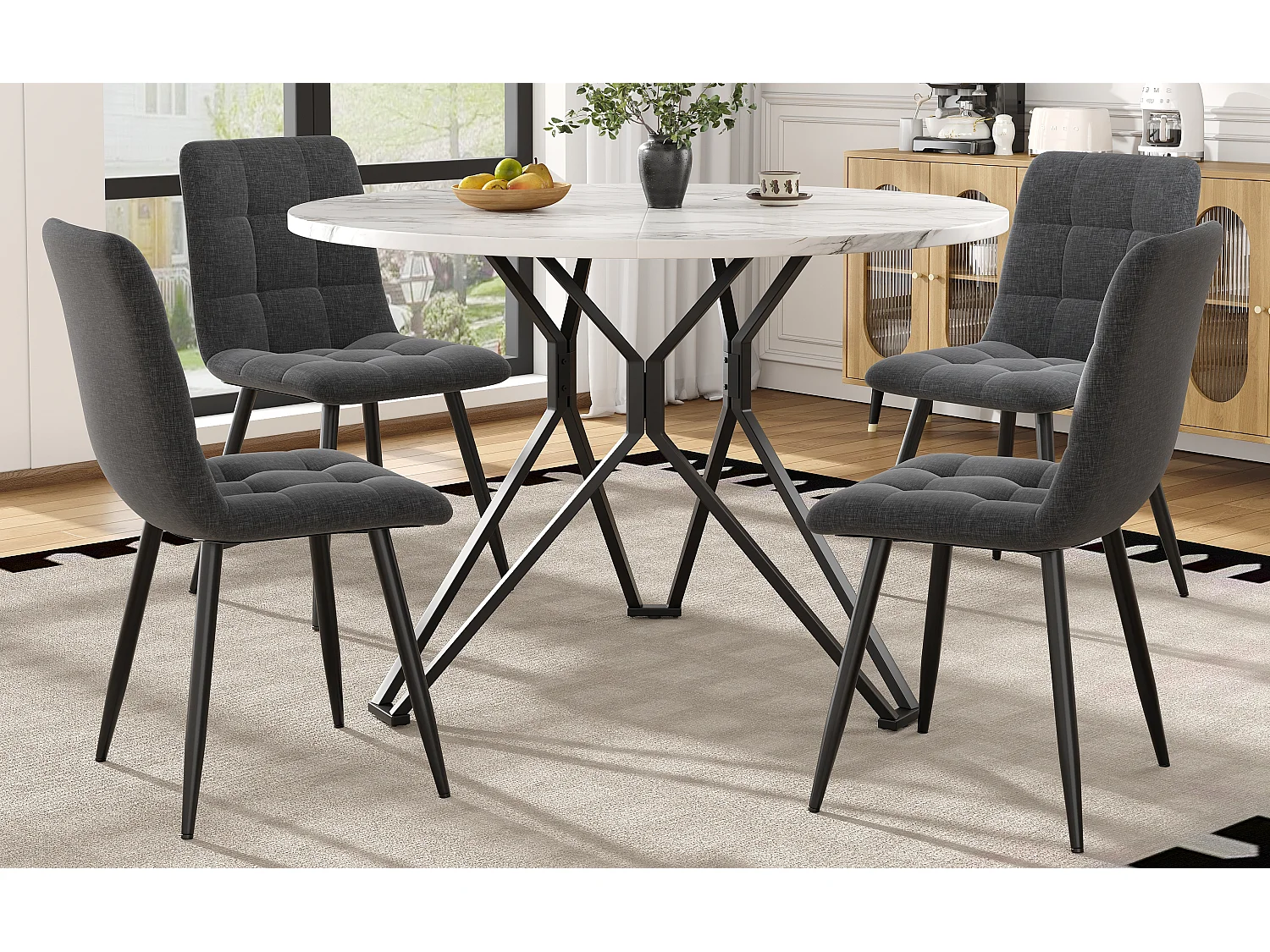 Conjunto de 5 mesas y sillas de comedor - 100 x 100 x 76 cm - Mesa de MDF + 4 sillas de terciopelo - MDF + Metal - negro