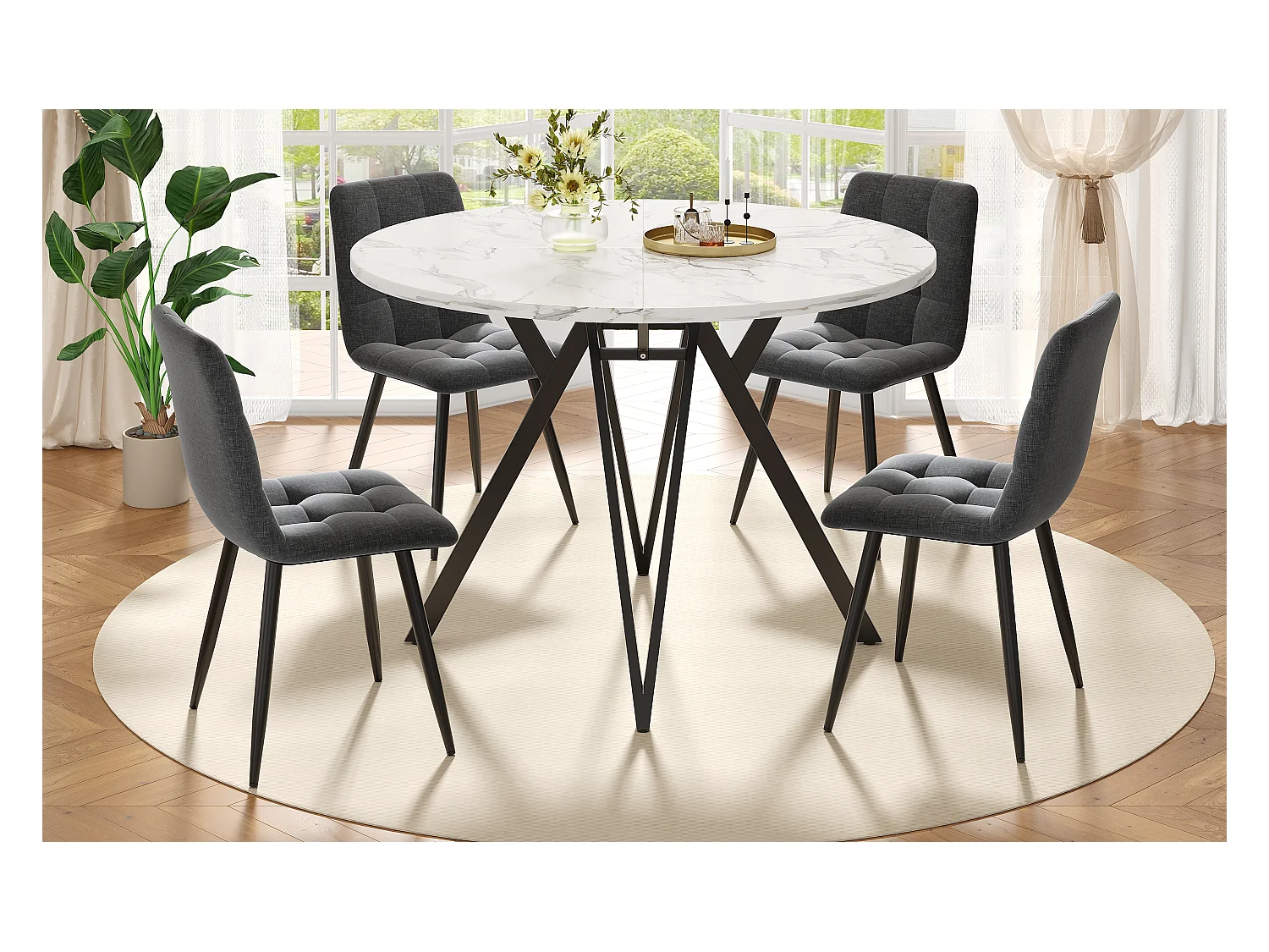 Set van 5 eettafels en stoelen - 100 x 100 x 76 cm - MDF tafelblad + 4 fluwelen stoelen - MDF + Metaal - grijs