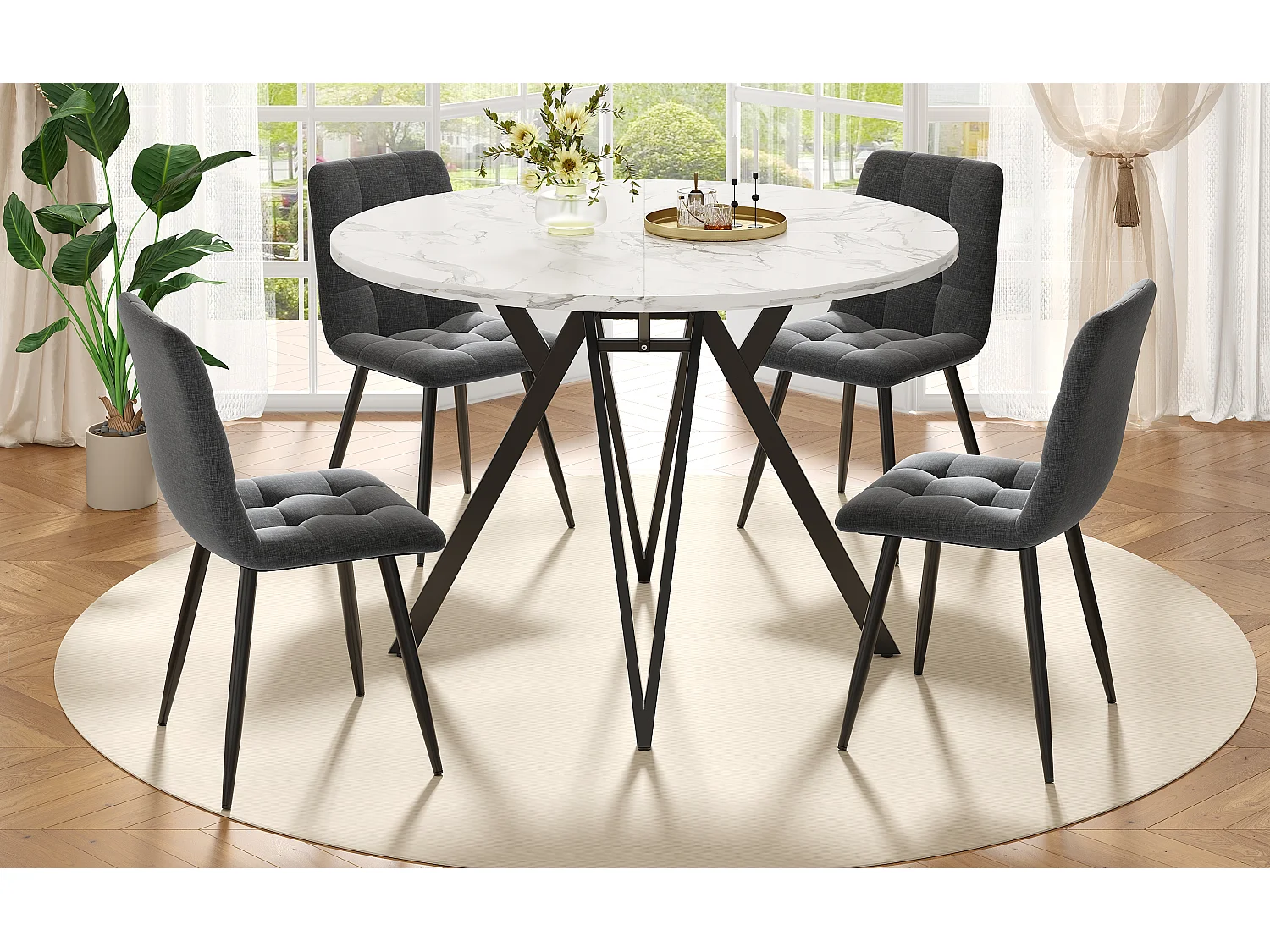 Lot de 5 table à manger et chaises - 100 x 100 x 76 cm -  table plateau en MDF + 4 chaises en velours - MDF + Métal - gris