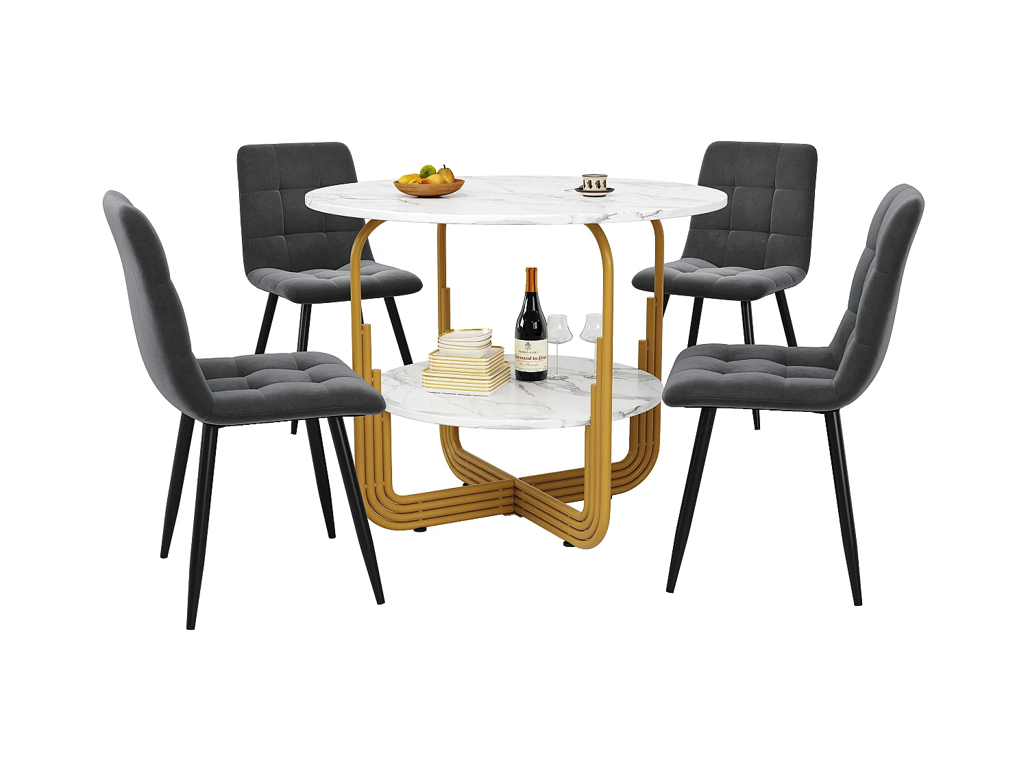 Set van 5 eettafels en stoelen - 80 x 80 x 76 cm - tafel met opbergruimte + 4 fluwelen stoelen - MDF + Metaal - grijs