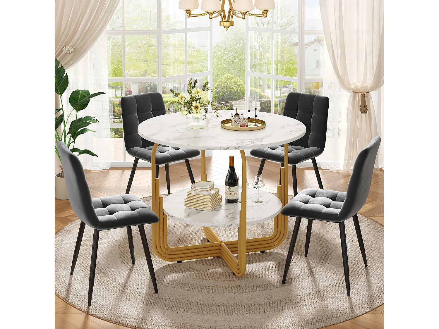 Lot de 5 table à manger et chaises - 80 x 80 x 76 cm -  table avec rangement + 4 chaises en velours - MDF + Métal - gris