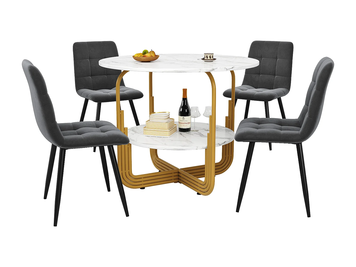 Lot de 5 table à manger et chaises - 80 x 80 x 76 cm -  table avec rangement + 4 chaises en velours - MDF + Métal - gris