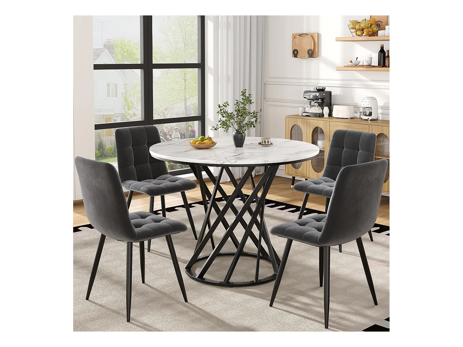 Lot de 5 table à manger et chaises - 80 x 80 x 76 cm -  table plateau en MDF + 4 chaises en velours - MDF + Métal - noir