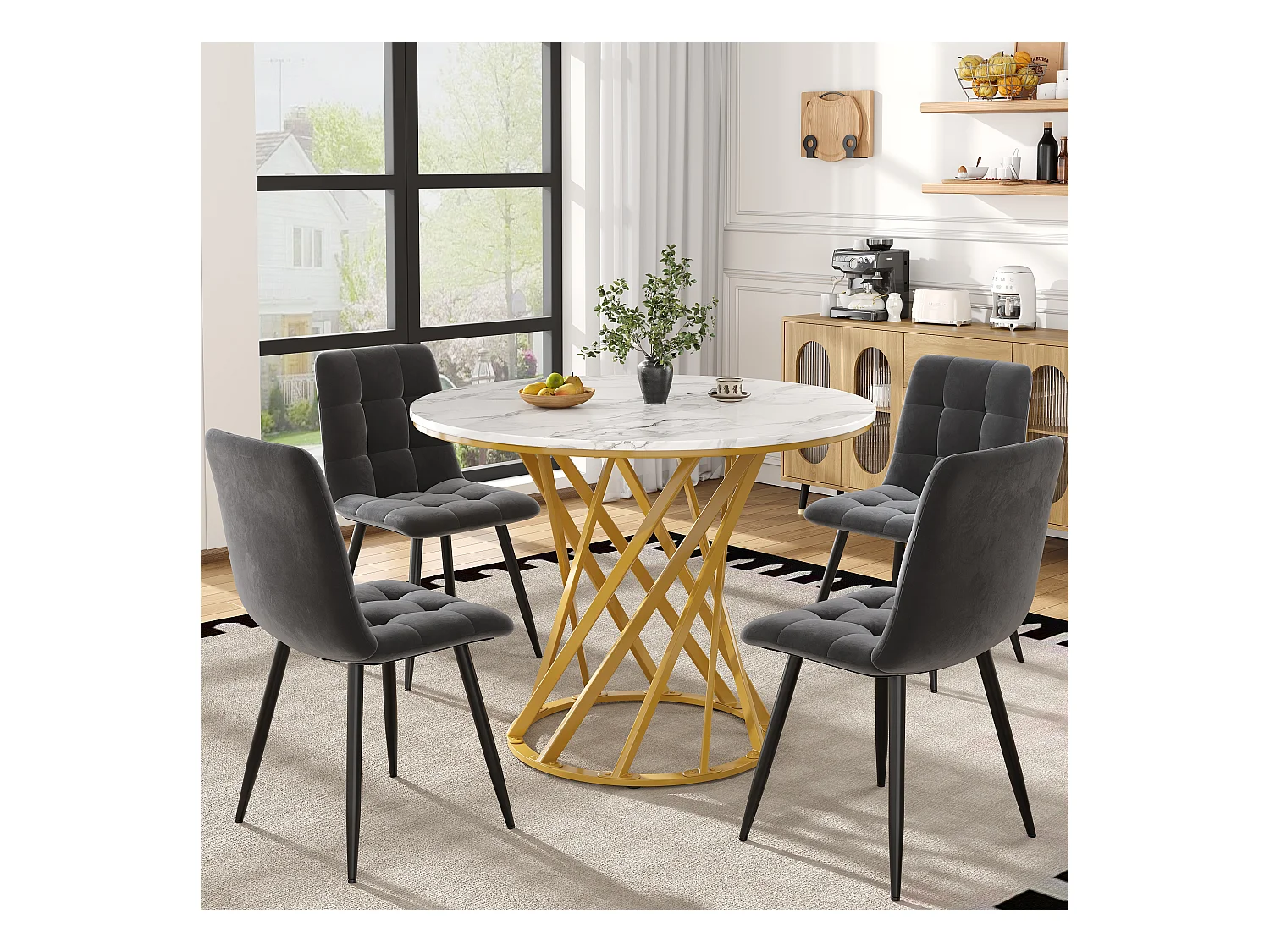 Lot de 5 table à manger et chaises - 80 x 80 x 76 cm -  table plateau en MDF + 4 chaises en velours - MDF + Métal - blanc