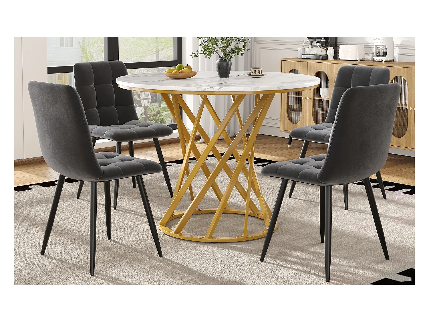 Lot de 5 table à manger et chaises - 80 x 80 x 76 cm -  table plateau en MDF + 4 chaises en velours - MDF + Métal - blanc