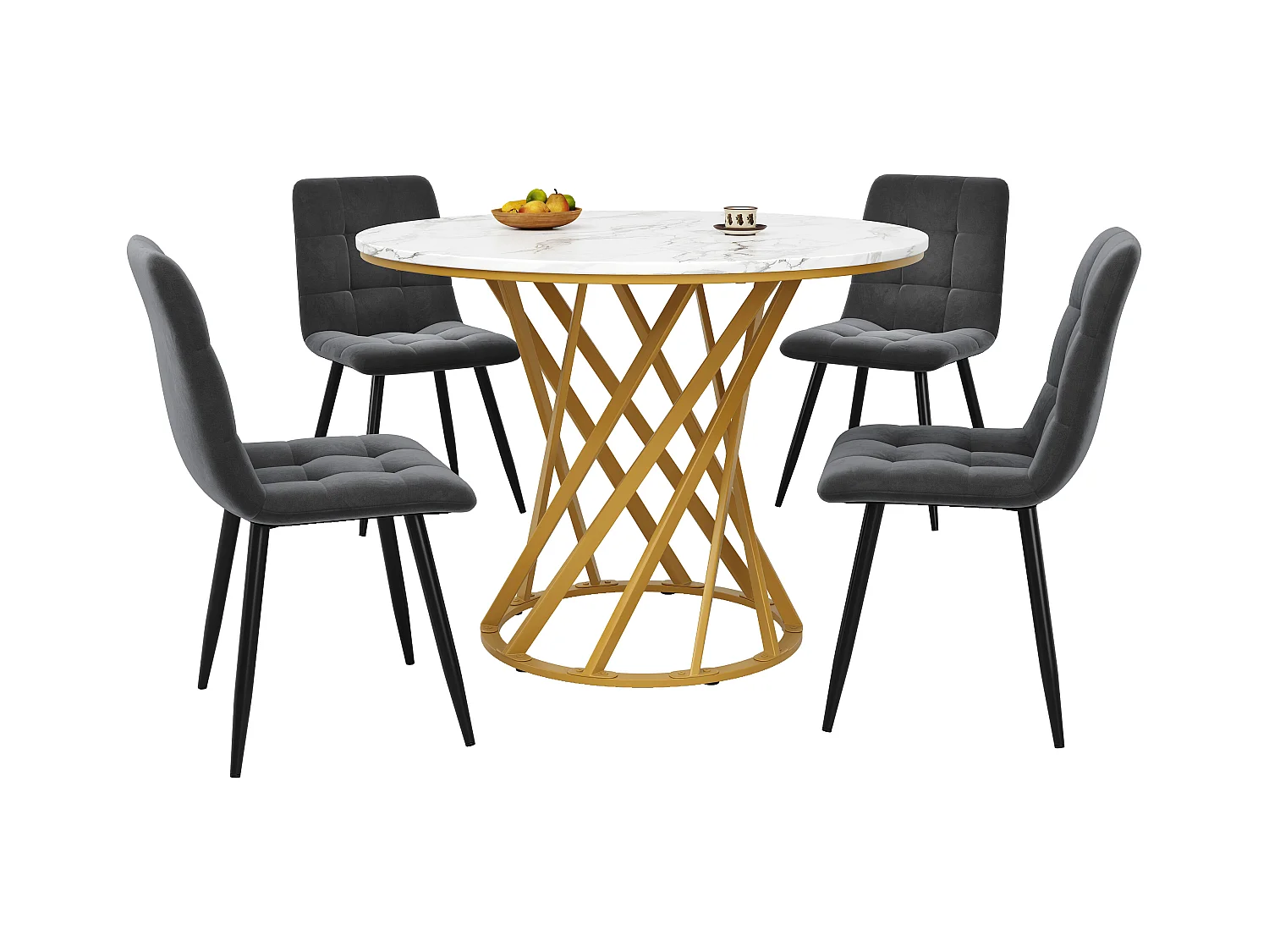 Lot de 5 table à manger et chaises - 80 x 80 x 76 cm -  table plateau en MDF + 4 chaises en velours - MDF + Métal - blanc