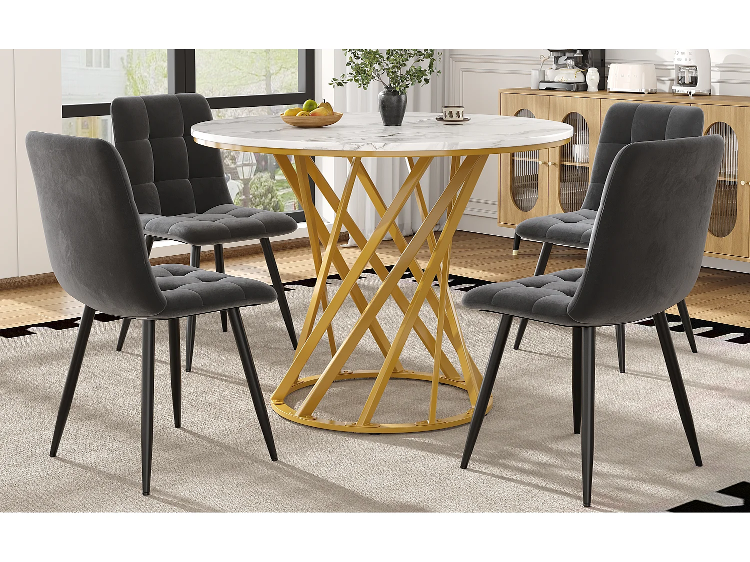 Lot de 5 table à manger et chaises - 80 x 80 x 76 cm -  table plateau en MDF + 4 chaises en velours - MDF + Métal - blanc