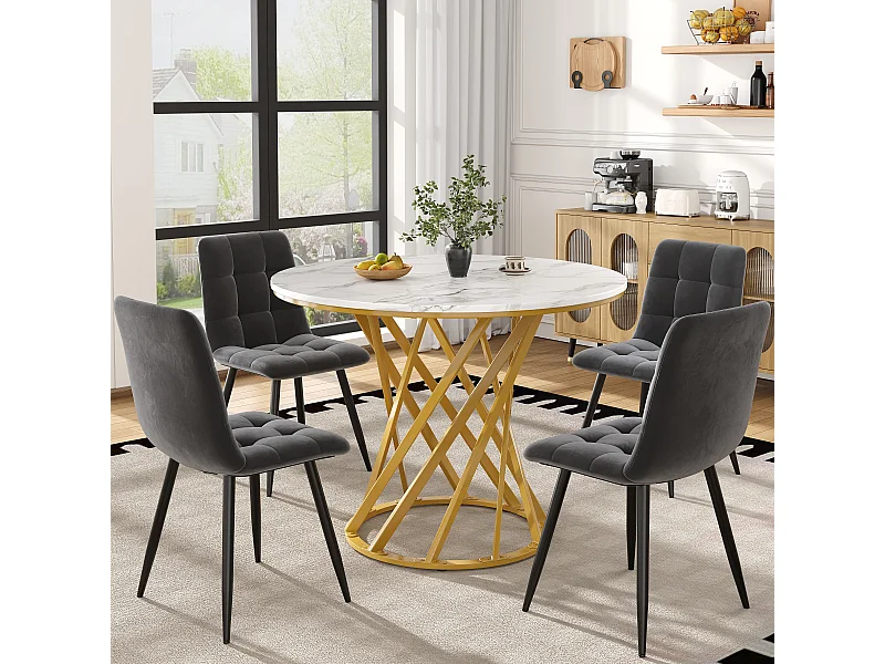 Lot de 5 table à manger et chaises - 80 x 80 x 76 cm -  table plateau en MDF + 4 chaises en velours - MDF + Métal - blanc