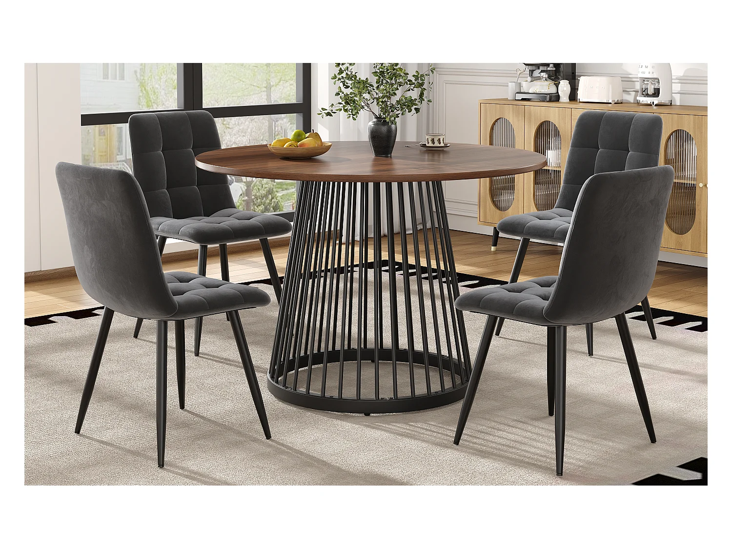 Set van 5 eettafels en stoelen - 80 x 80 x 76 cm - MDF tafelblad + 4 fluwelen stoelen - MDF + metaal - zwart