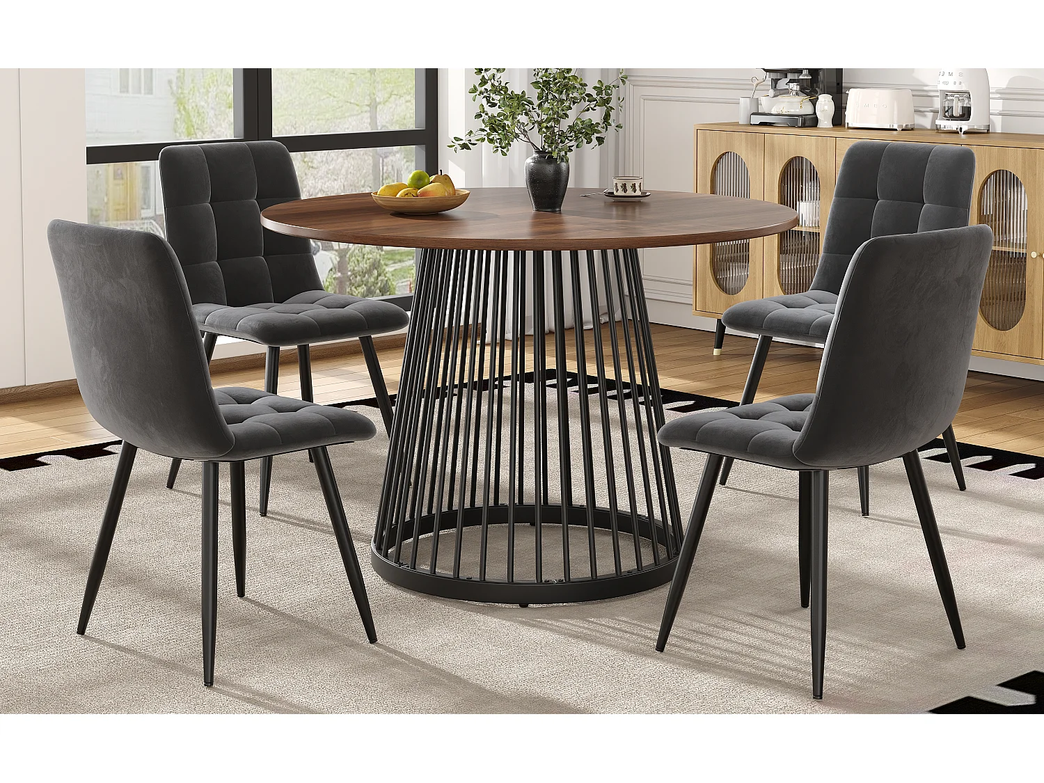 Lot de 5 table à manger et chaises - 80 x 80 x 76 cm -  table plateau en MDF + 4 chaises en velours - MDF + Métal - noir