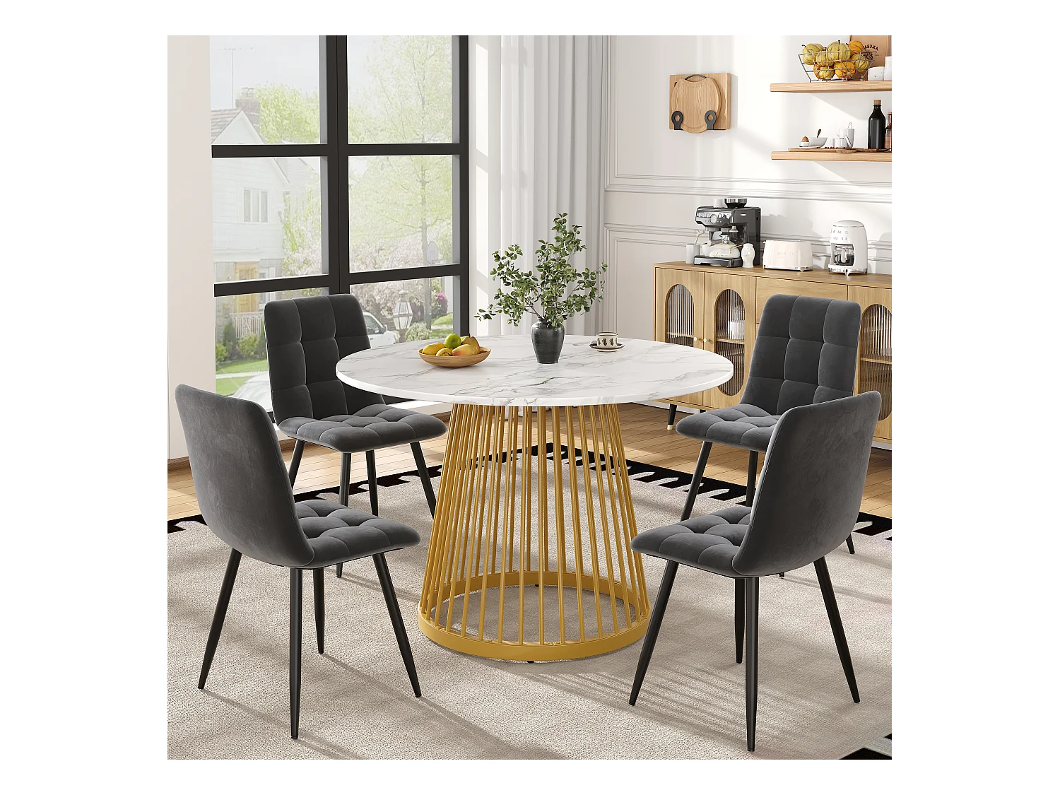 Lot de 5 table à manger et chaises - 80 x 80 x 76 cm -  table plateau en MDF + 4 chaises en velours - MDF + Métal - blanc