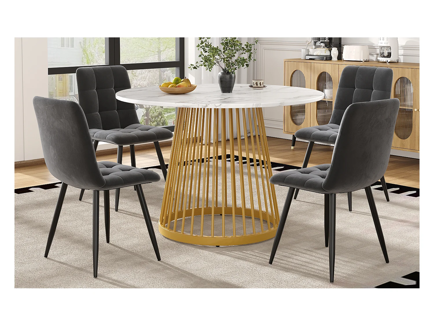 Lot de 5 table à manger et chaises - 80 x 80 x 76 cm -  table plateau en MDF + 4 chaises en velours - MDF + Métal - blanc