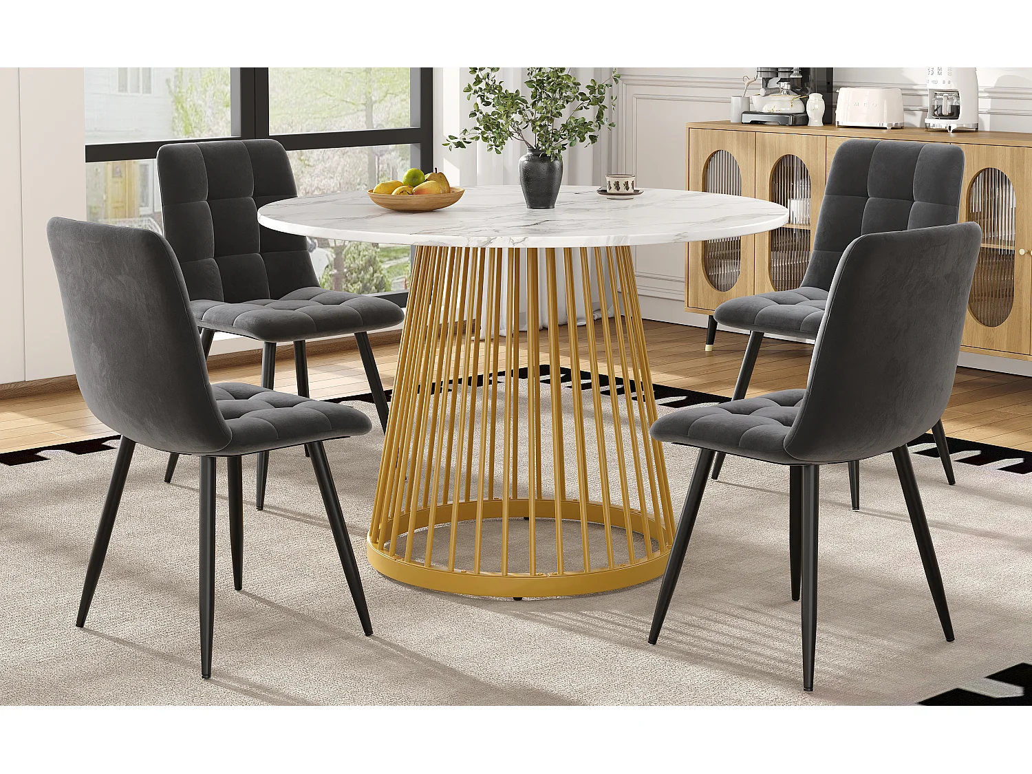 Lot de 5 table à manger et chaises - 80 x 80 x 76 cm -  table plateau en MDF + 4 chaises en velours - MDF + Métal - blanc