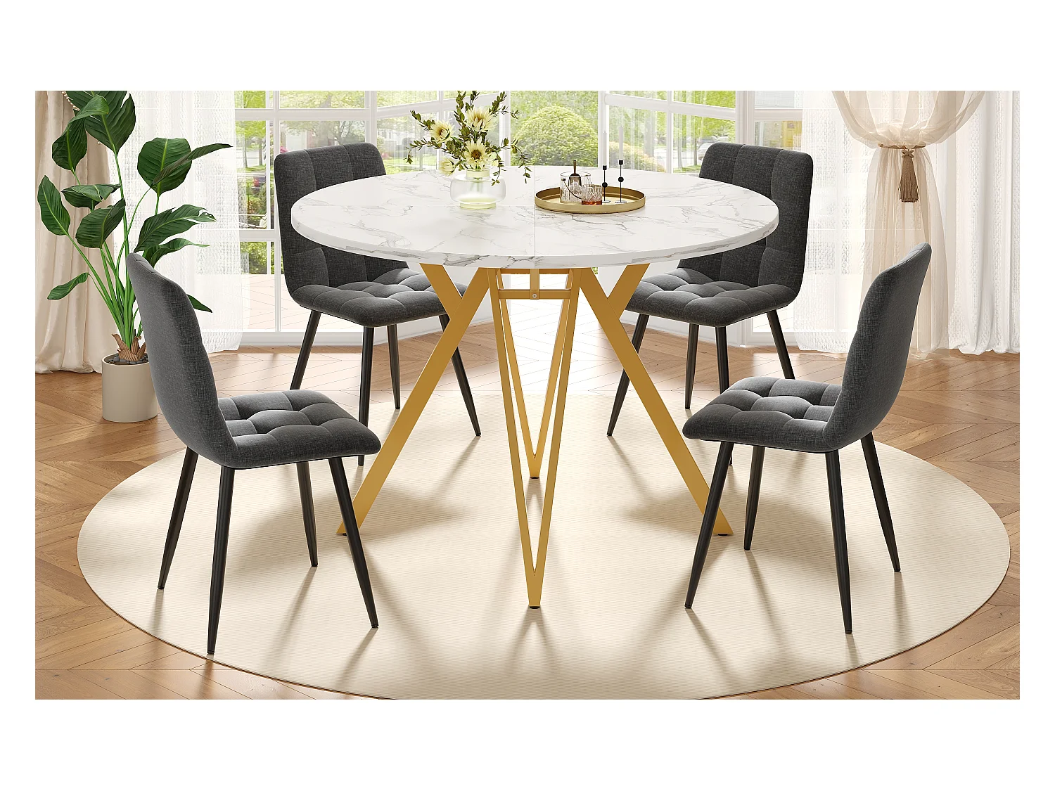 Lot de 5 table à manger et chaises - 100 x 100 x 76 cm -  table plateau en MDF + 4 chaises en velours - MDF + Métal - gris