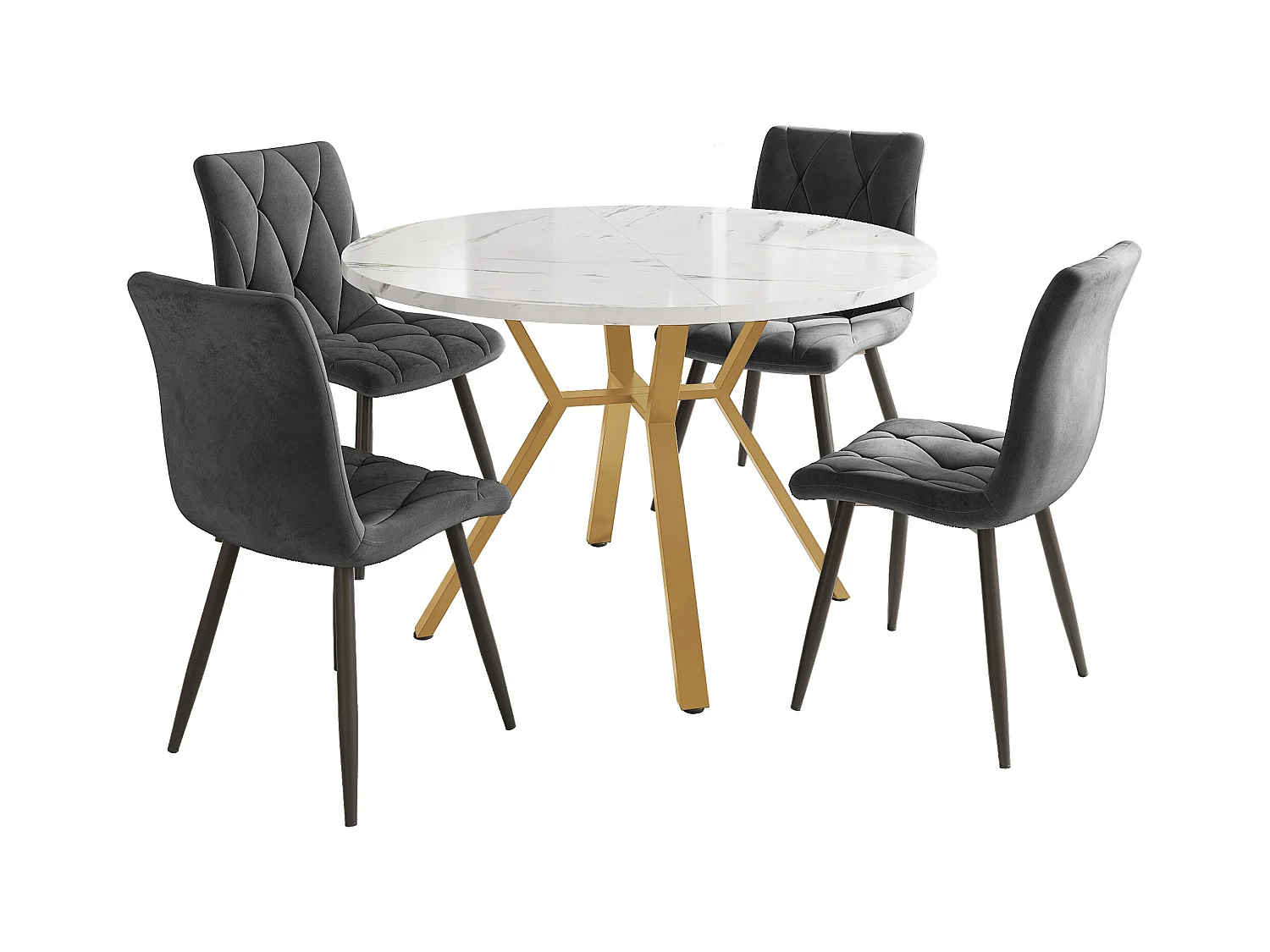 Lot de 5 table à manger et chaises - 100 x 100 x 75 cm - table ronde + 4 chaises en velours - MDF + Acier - gris + blanc