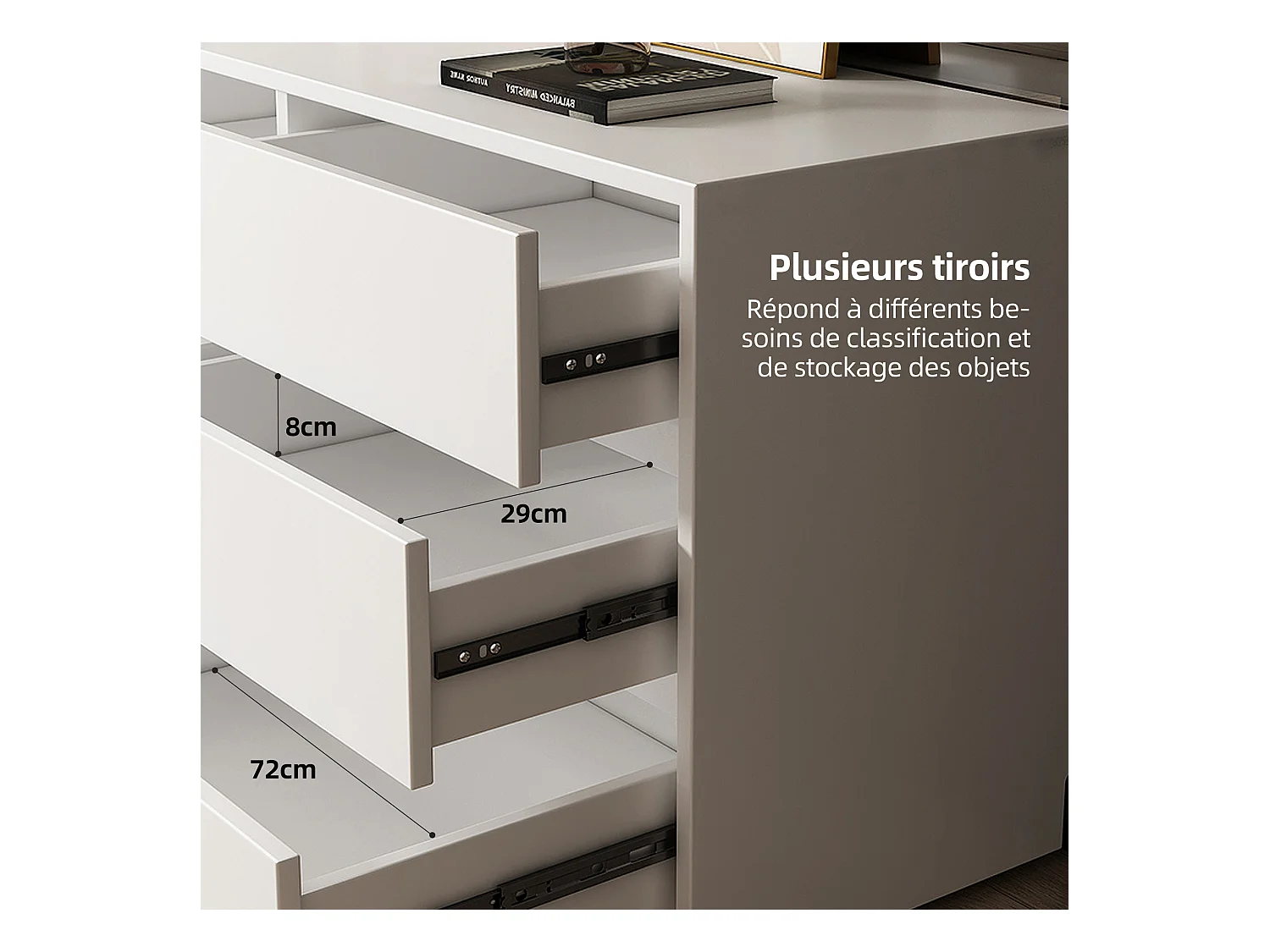 Commode 3 tiroirs, buffet modulaire blanc 80 cm pour chambre, salon ou entrée - rangement pratique