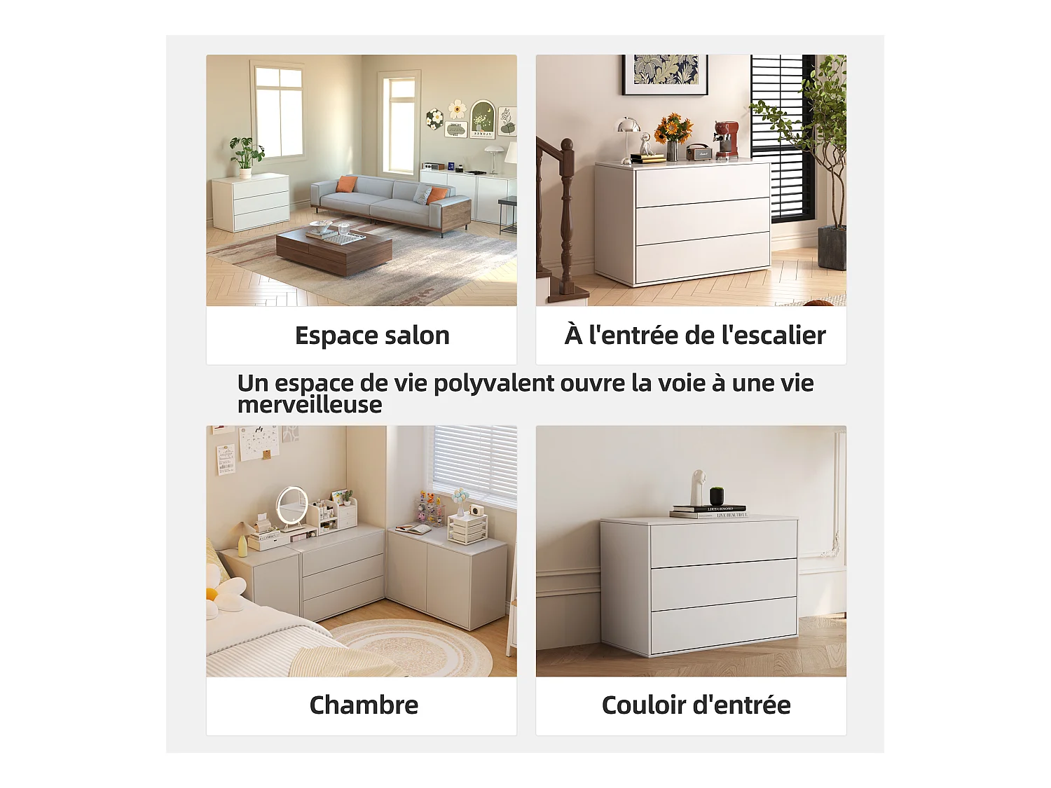 Commode 3 tiroirs, buffet modulaire blanc 80 cm pour chambre, salon ou entrée - rangement pratique