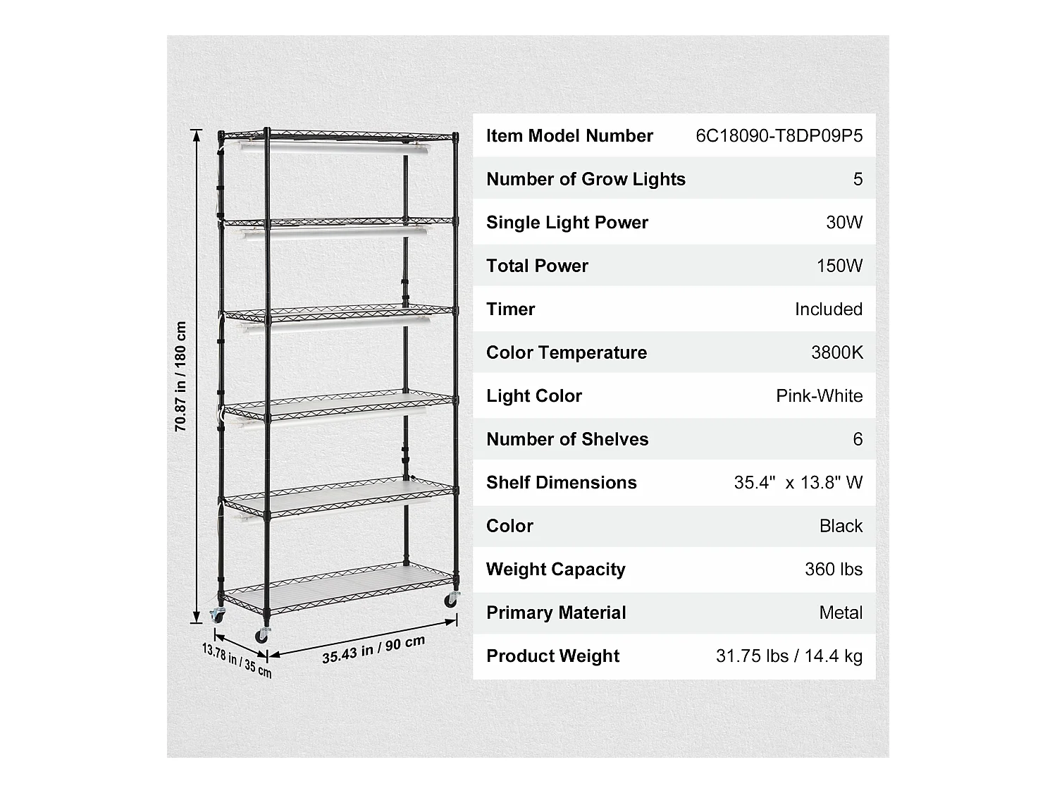 Support de Plante, SucceBuy Support pour Plantes avec Lampe de Croissance, 6 Niveaux, 180 W, Étagère Intérieure de 180 cm