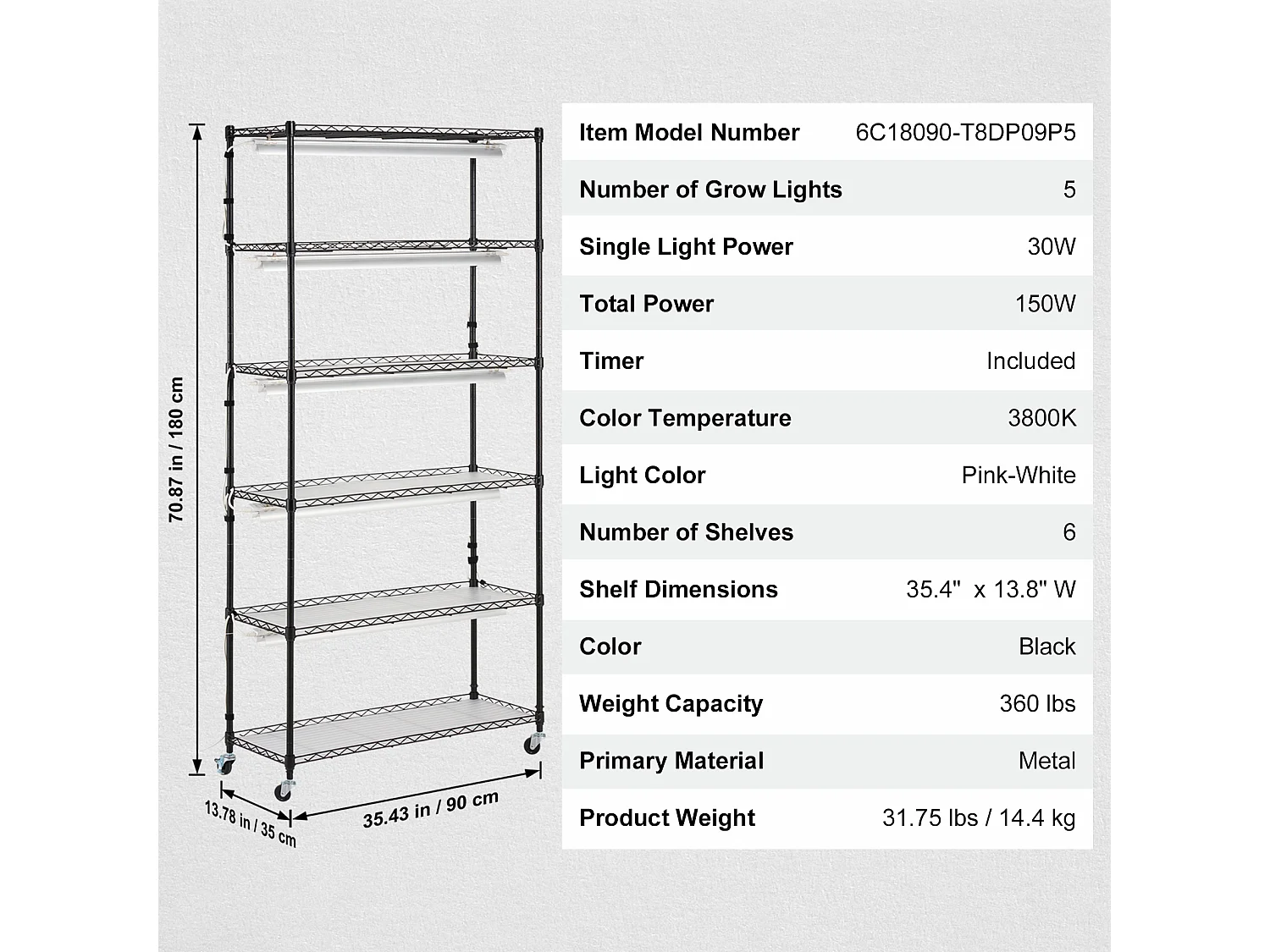 Support de Plante, SucceBuy Support pour Plantes avec Lampe de Croissance, 6 Niveaux, 180 W, Étagère Intérieure de 180 cm