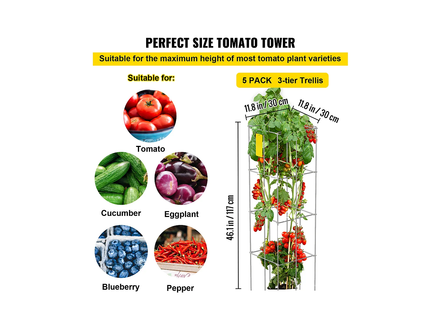 Cages et Supports pour Plantes SucceBuy, 116 cm, Lot de 5, Support Carré en Acier, Argent, pour Légumes Grimpants, Fruits et Fleurs