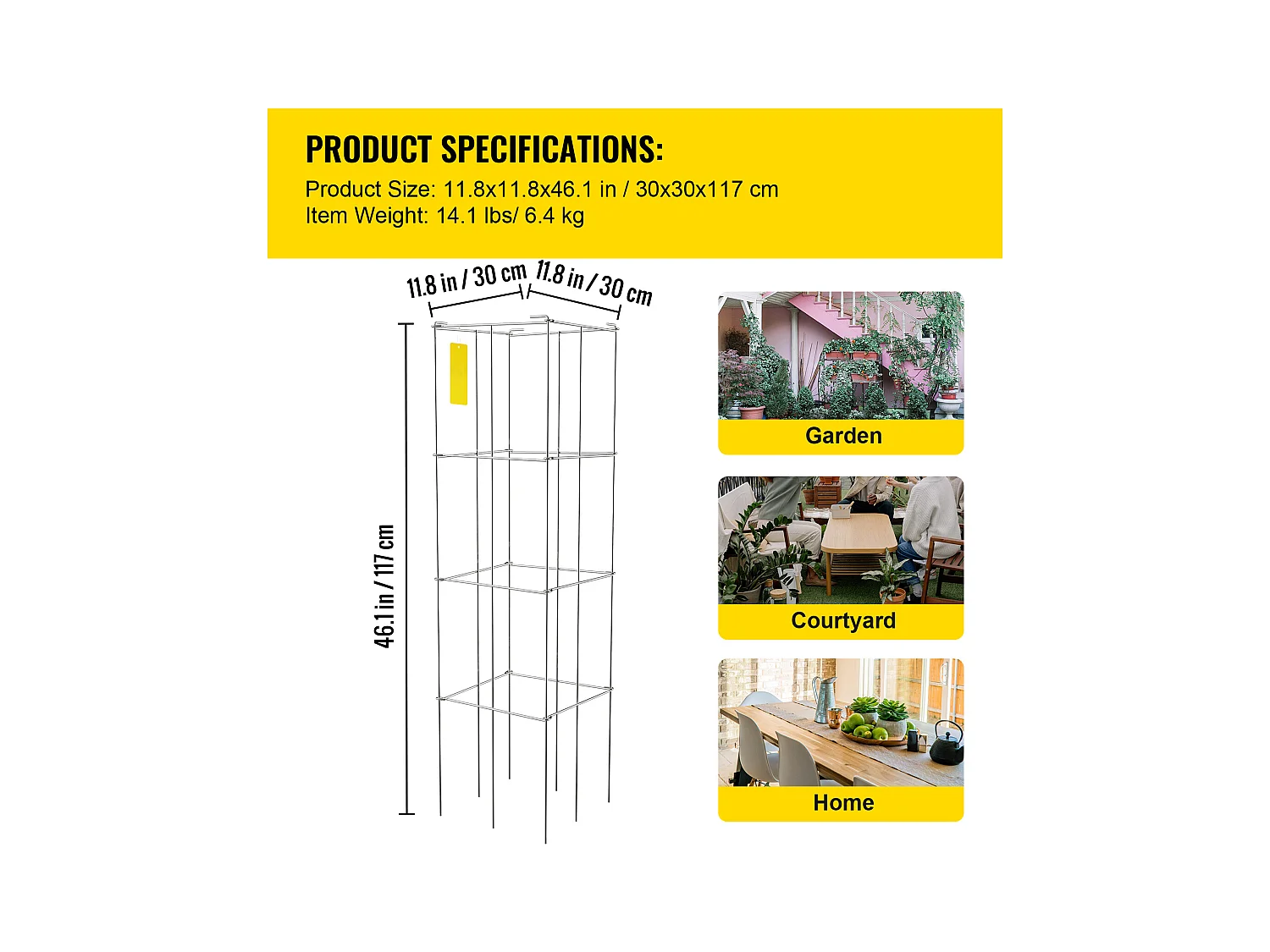 Pflanzenkäfige und -stützen SucceBuy, 116 cm, Paket von 5, Quadratischer Stahlträger, Silber, für Klettergemüse, Früchte und Blumen