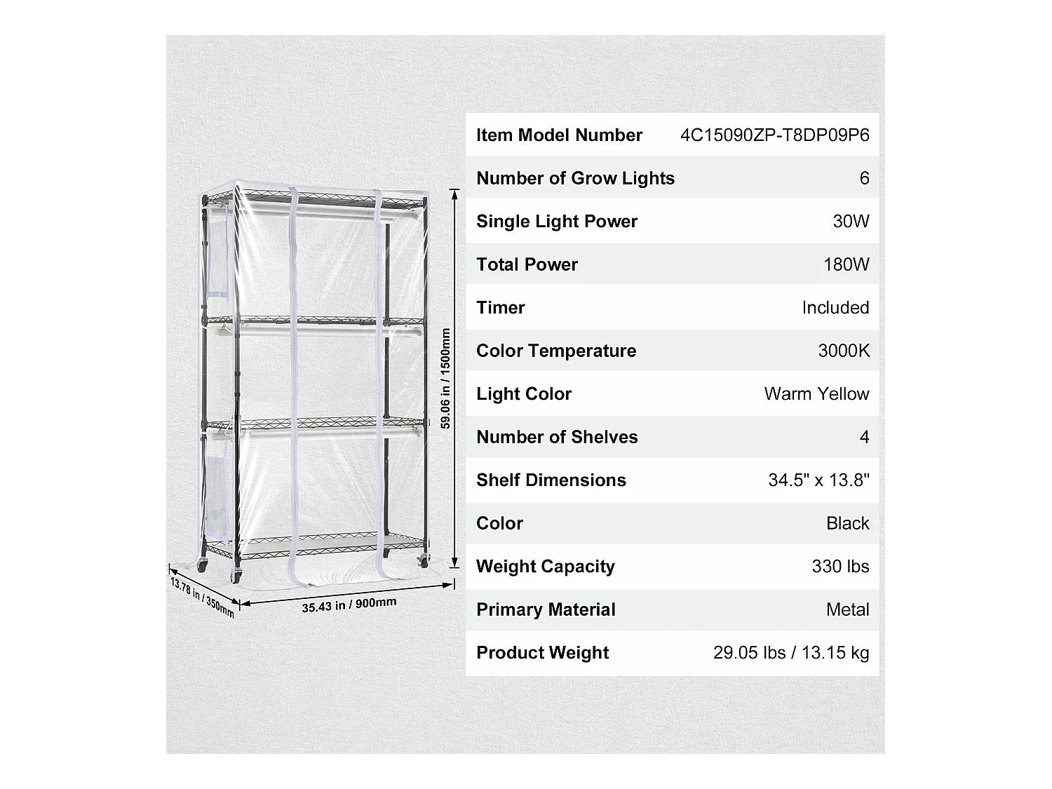 Support de Plante, SucceBuy Serre d'Intérieur avec Lampe de Culture, 4 Niveaux, 180 W, Étagère de 150 cm