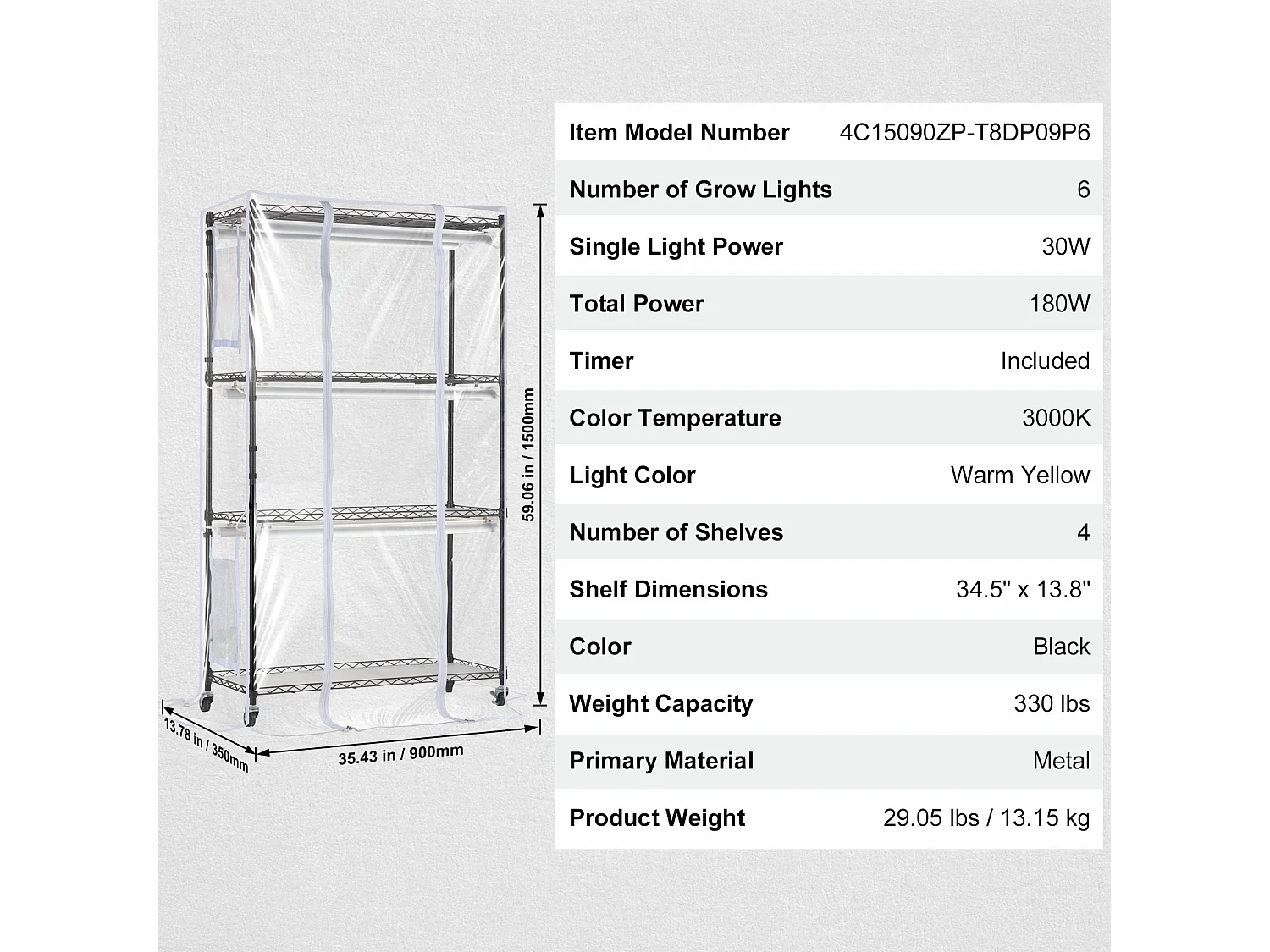 Support de Plante, SucceBuy Serre d'Intérieur avec Lampe de Culture, 4 Niveaux, 180 W, Étagère de 150 cm