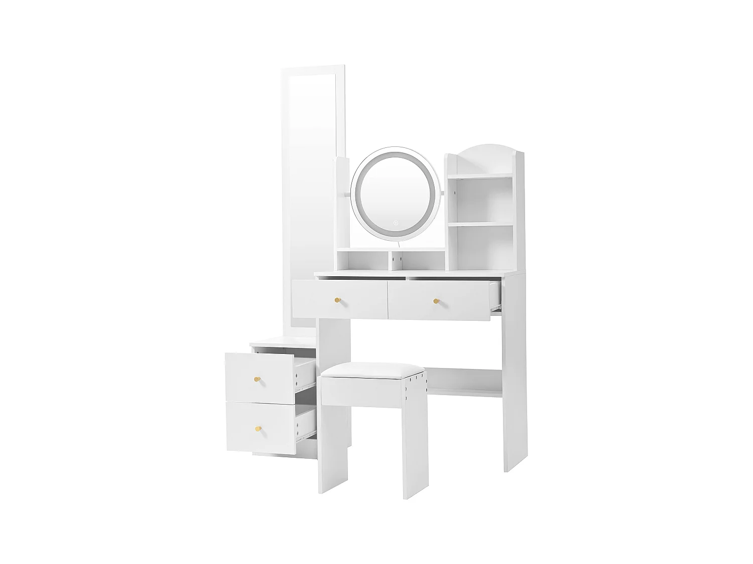 Ensemble de coiffeuse 4 en 1 - 109 x 36 x 164 cm - avec miroir pleine longueur + miroir de table  + tabouret + Leds + 4 tiroirs - aggloméré - blanc