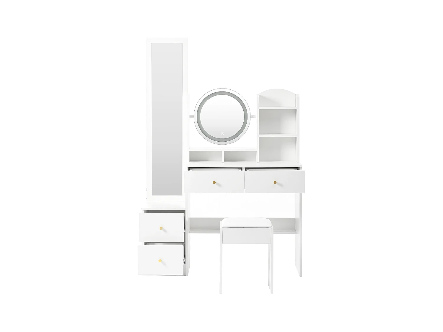 Ensemble de coiffeuse 4 en 1 - 109 x 36 x 164 cm - avec miroir pleine longueur + miroir de table  + tabouret + Leds + 4 tiroirs - aggloméré - blanc
