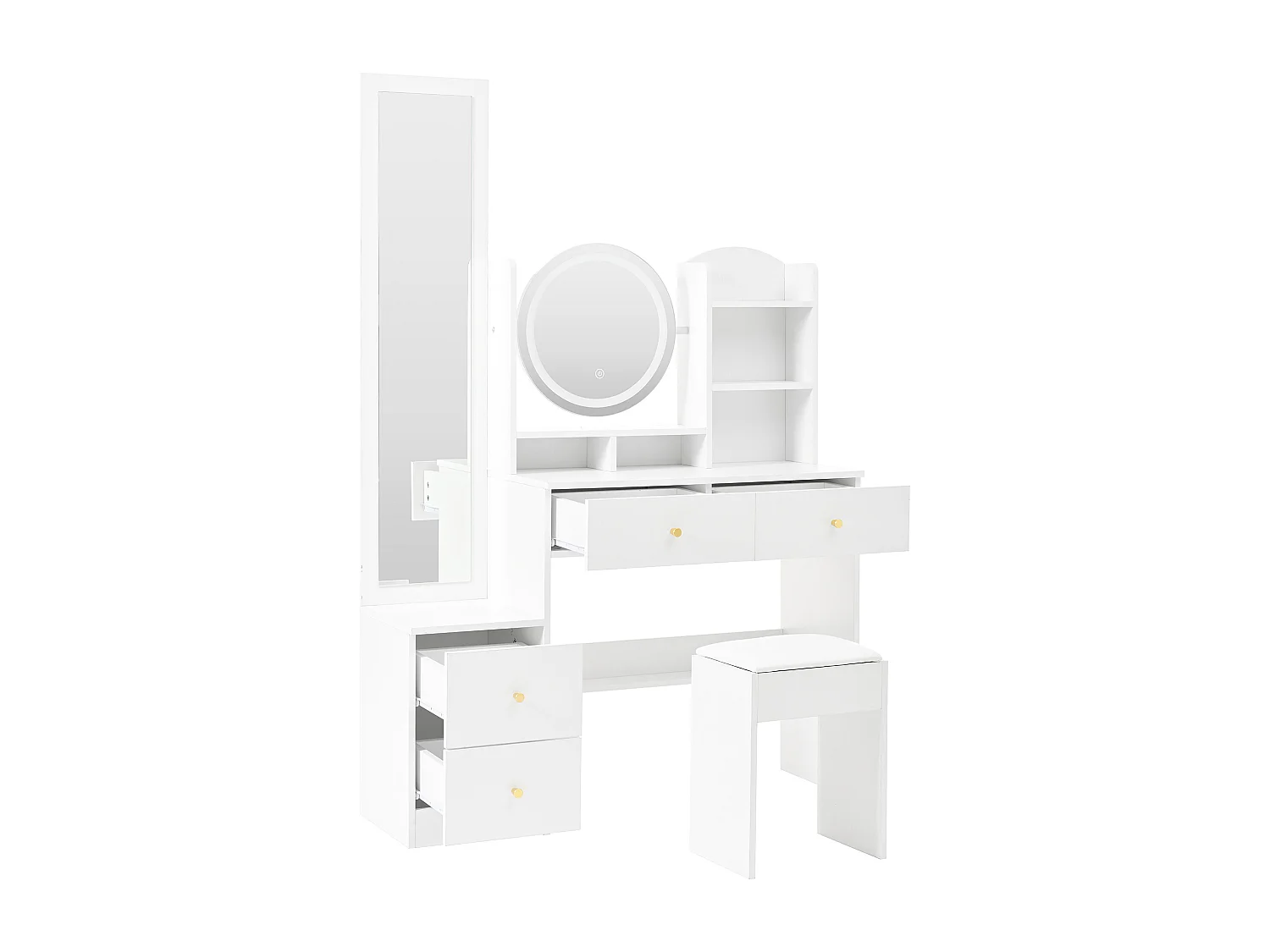 4-in-1-Schminktisch-Set – 109 x 36 x 164 cm – mit Ganzkörperspiegel + Tischspiegel + Hocker + LED-Beleuchtung + 4 Schubladen – Spanplatte – weiß