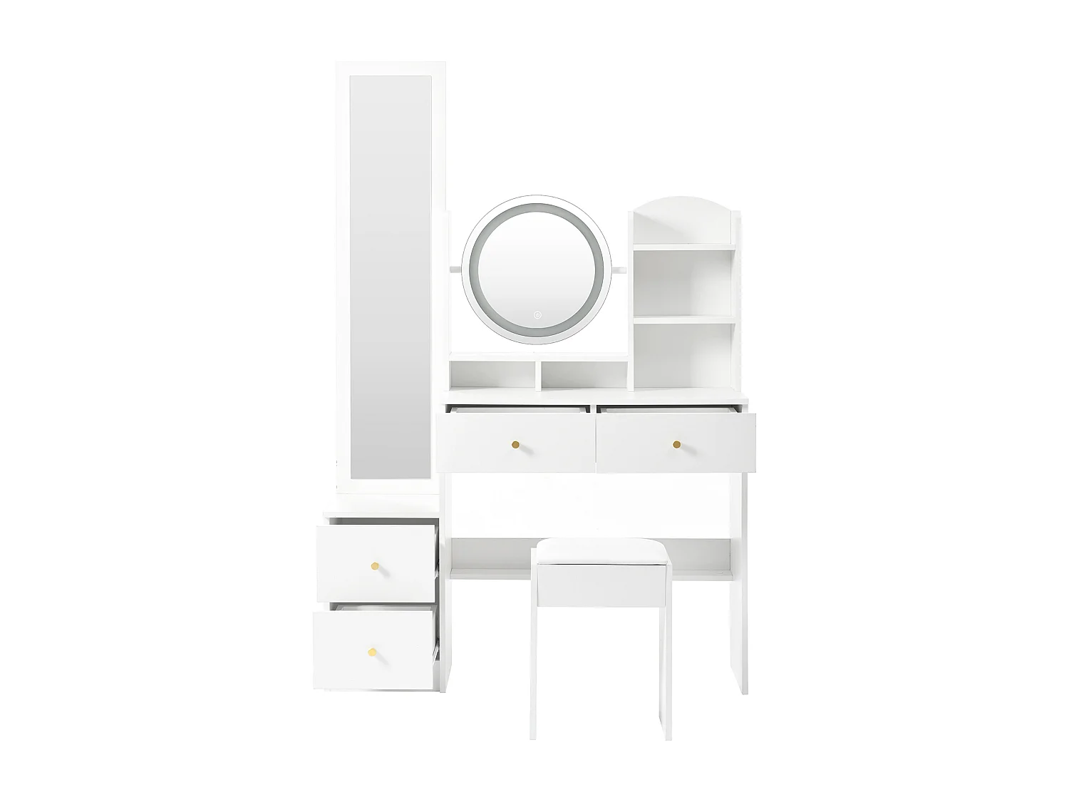 4-in-1-Schminktisch-Set – 109 x 36 x 164 cm – mit Ganzkörperspiegel + Tischspiegel + Hocker + LED-Beleuchtung + 4 Schubladen – Spanplatte – weiß