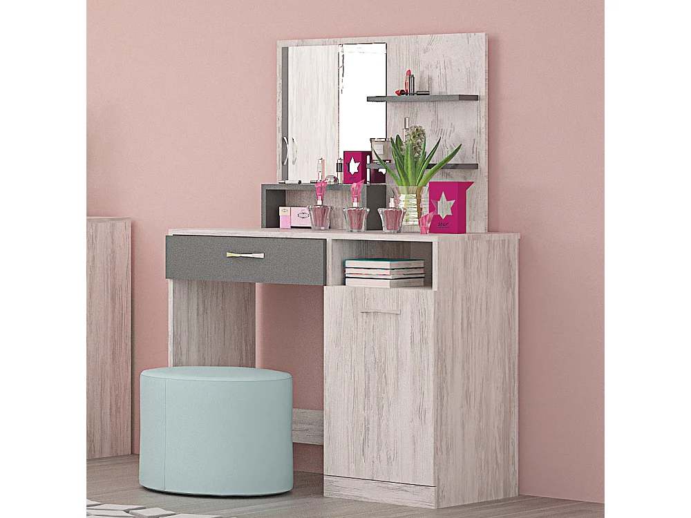 Toeletta moderna con specchio e mensoline in rovere bianco e antracite CG43