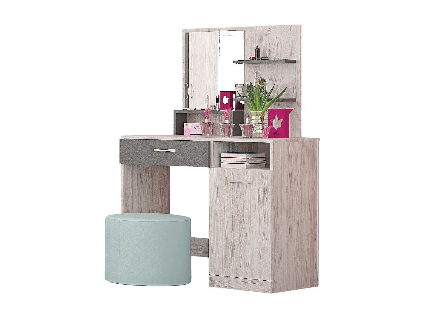 Toeletta moderna con specchio e mensoline in rovere bianco e antracite CG43