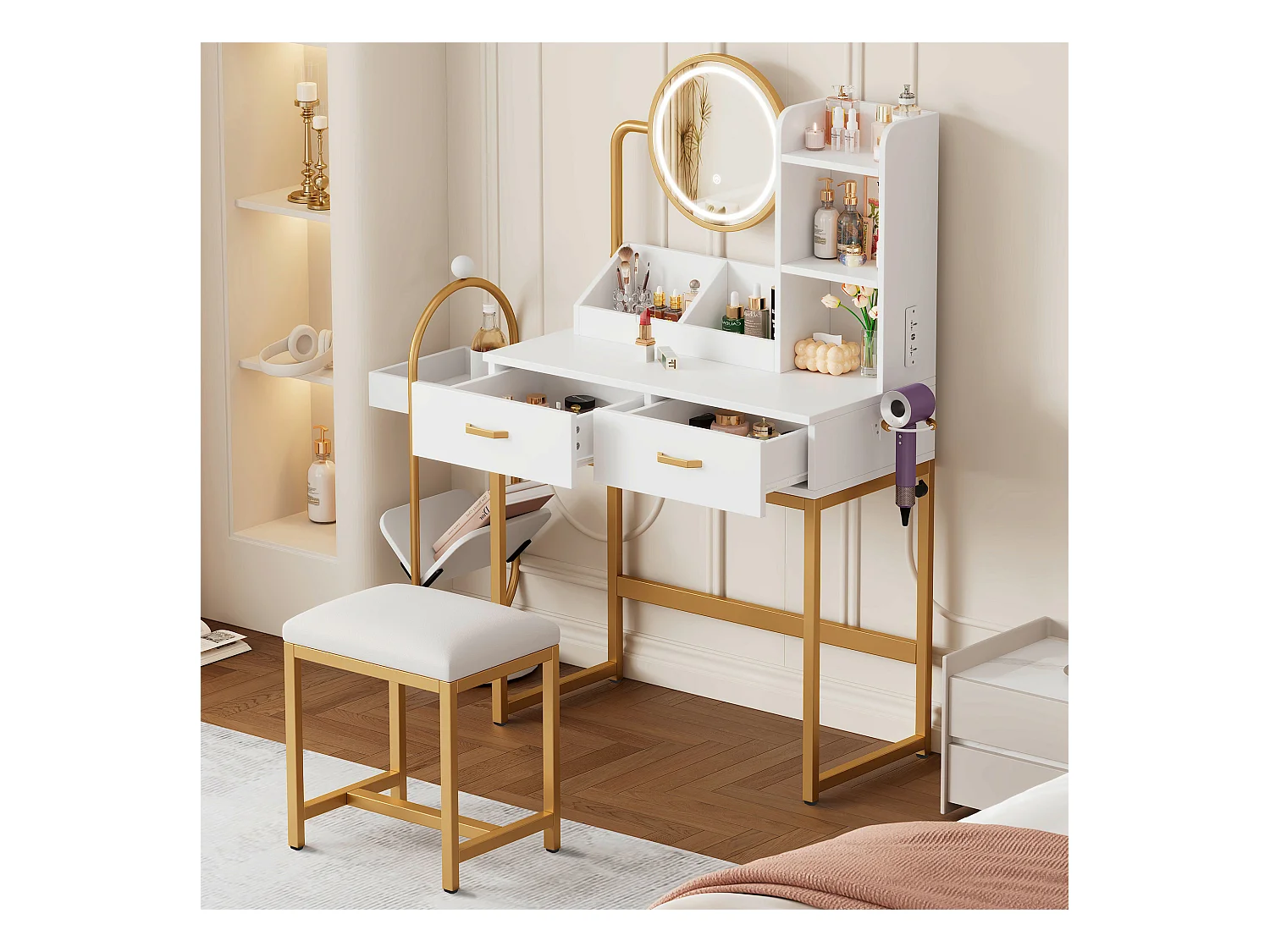 Nowoczesna toaletka - 80 x 40 x 138,5 cm - z diodami LED + lustro + stołek + 2 szuflady + 2 półki - płyta wiórowa - biała