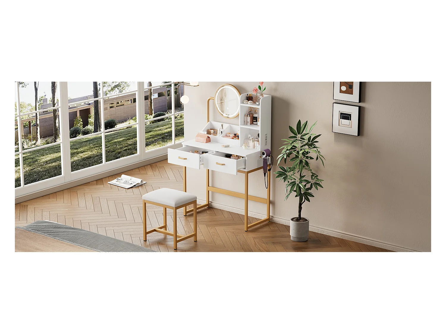 Nowoczesna toaletka - 80 x 40 x 138,5 cm - z diodami LED + lustro + stołek + 2 szuflady + 2 półki - płyta wiórowa - biała