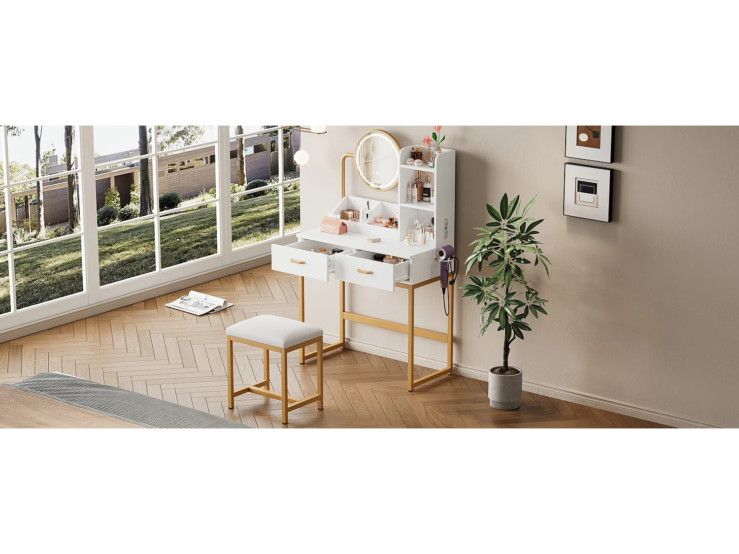 Moderner Schminktisch – 80 x 40 x 138,5 cm – mit LEDs + Spiegel + Hocker + 2 Schubladen + 2 Einlegeböden – Spanplatte – Weiß