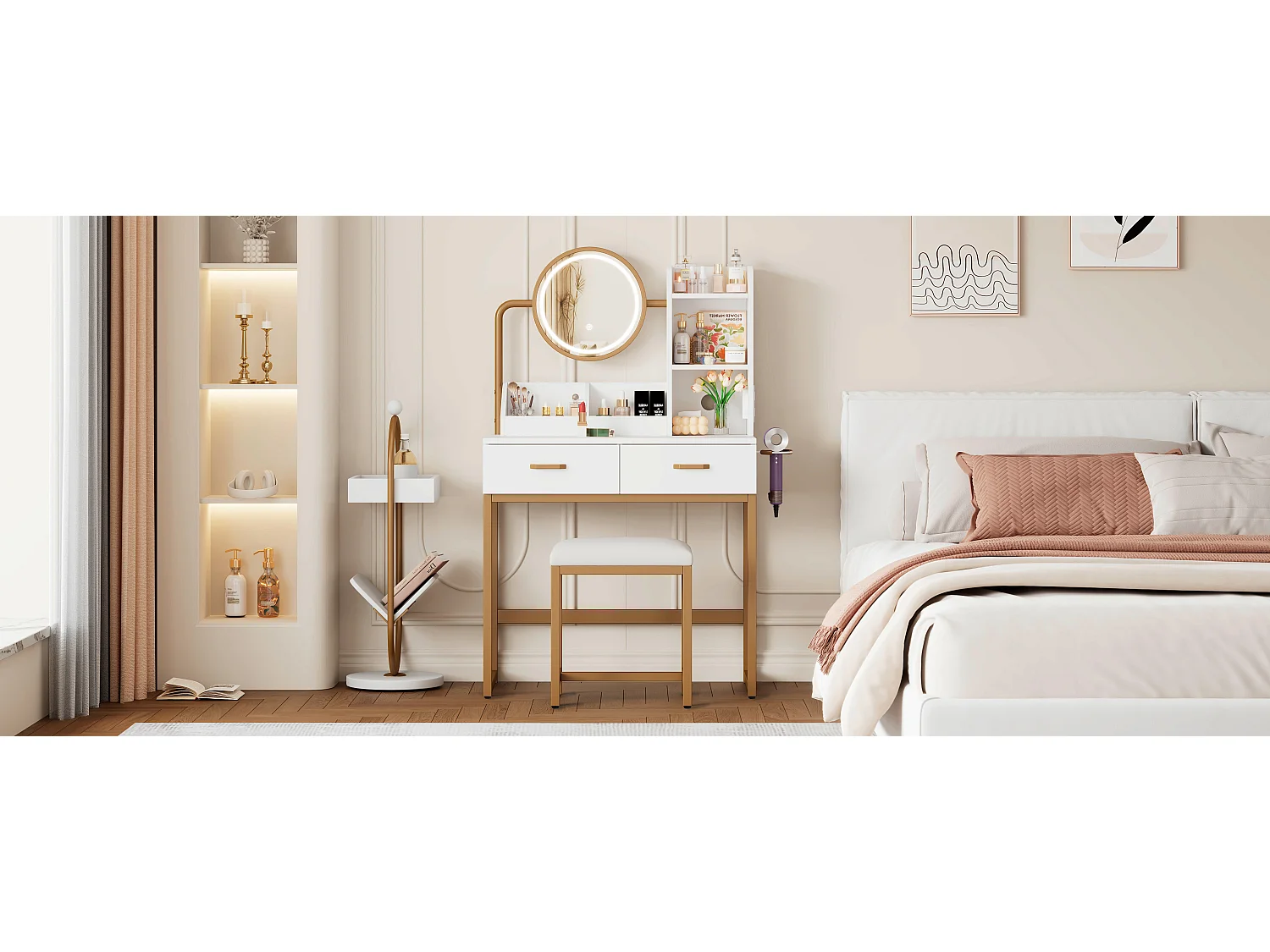 Moderner Schminktisch – 80 x 40 x 138,5 cm – mit LEDs + Spiegel + Hocker + 2 Schubladen + 2 Einlegeböden – Spanplatte – Weiß